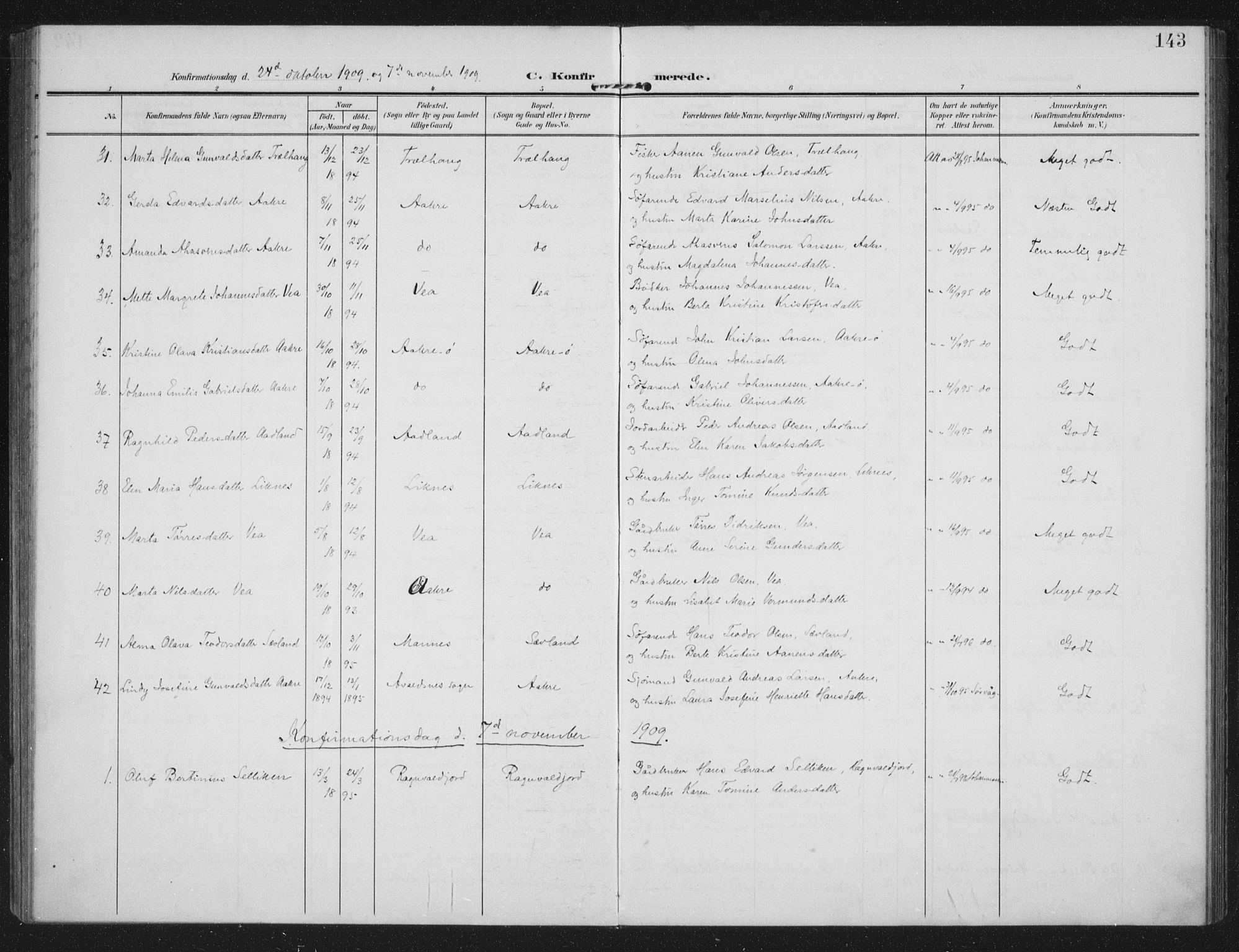 Kopervik sokneprestkontor, AV/SAST-A-101850/H/Ha/Haa/L0005: Parish register (official) no. A 5, 1906-1924, p. 143