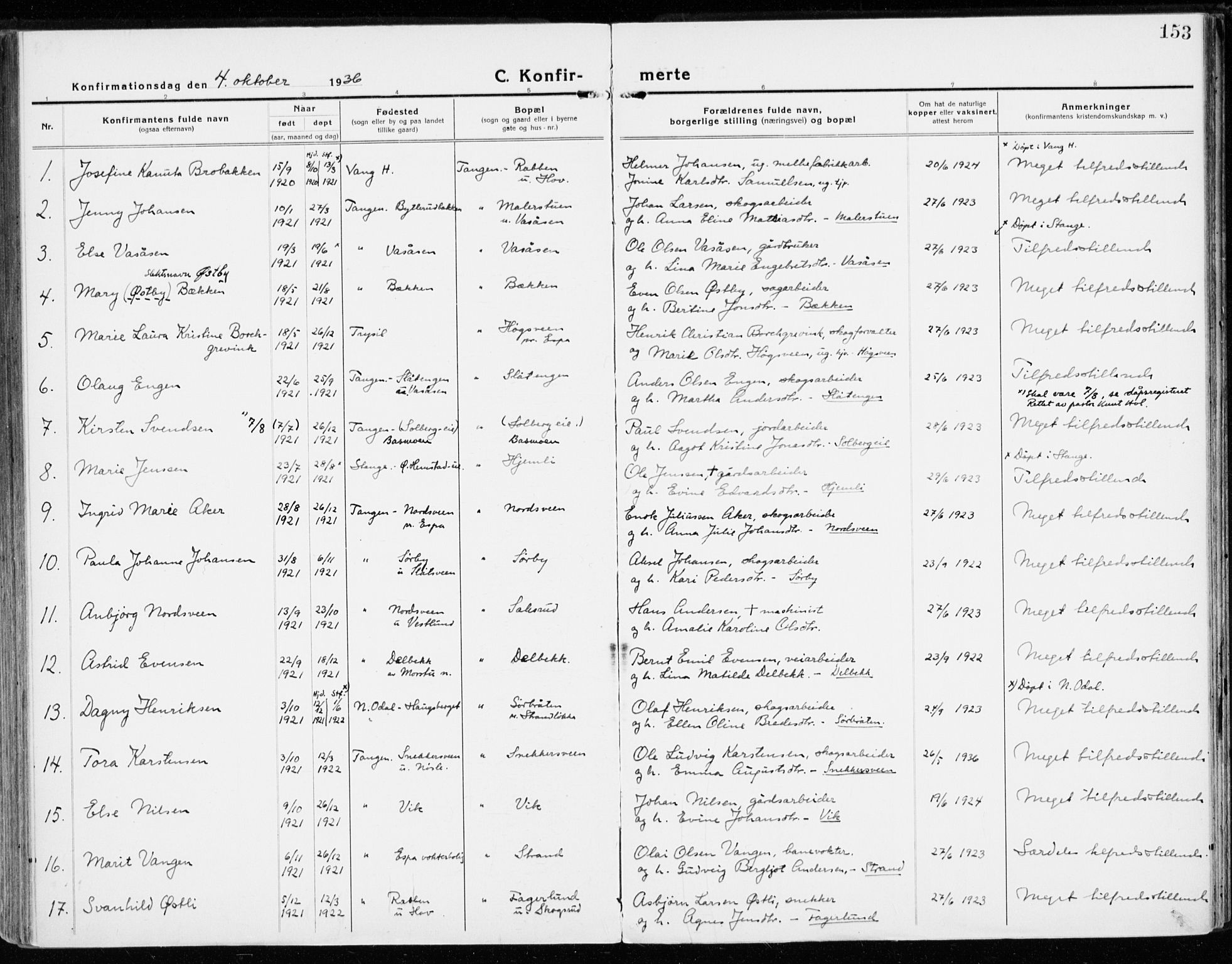 Stange prestekontor, AV/SAH-PREST-002/K/L0025: Parish register (official) no. 25, 1921-1945, p. 153