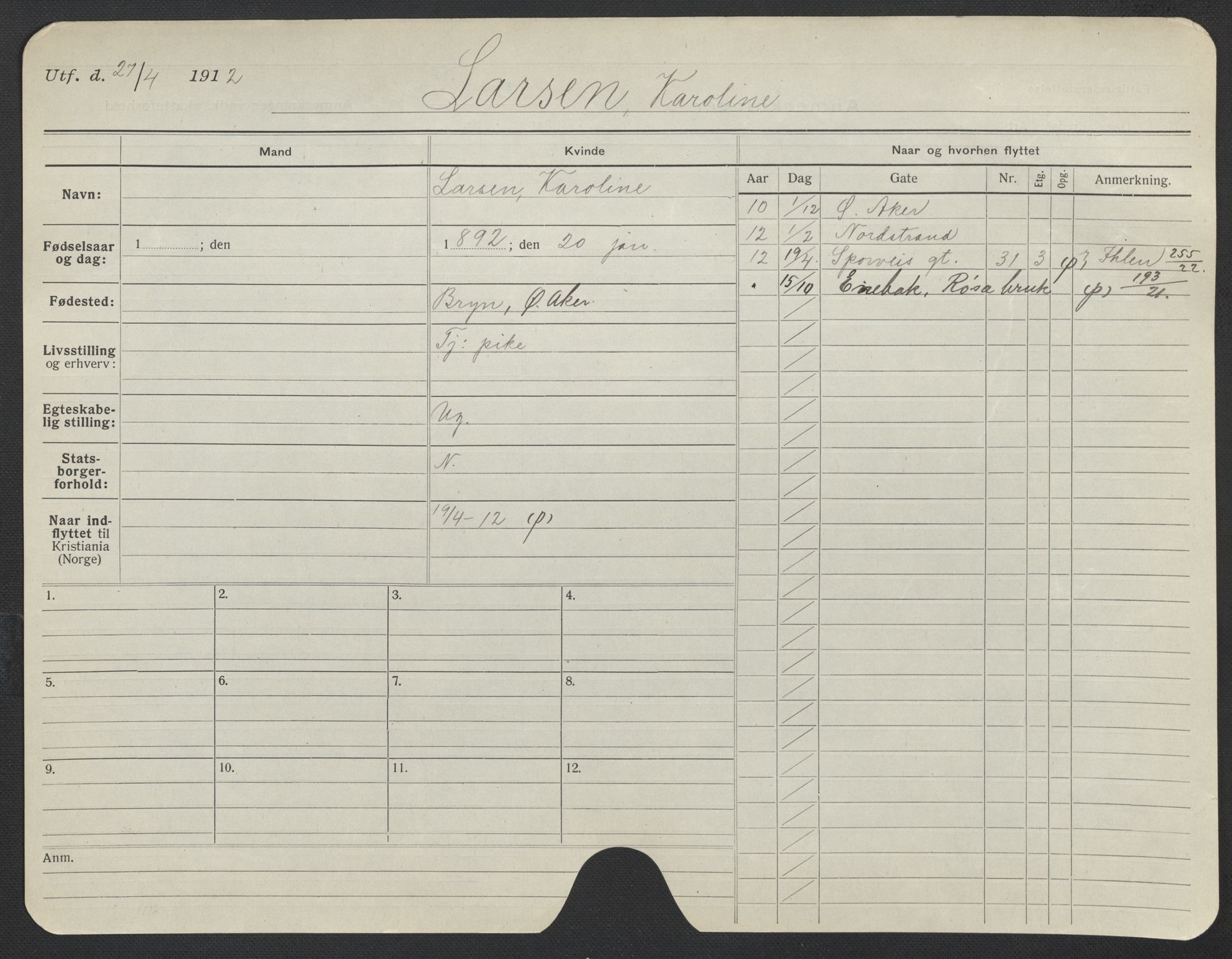 Oslo folkeregister, Registerkort, AV/SAO-A-11715/F/Fa/Fac/L0019: Kvinner, 1906-1914, p. 998a