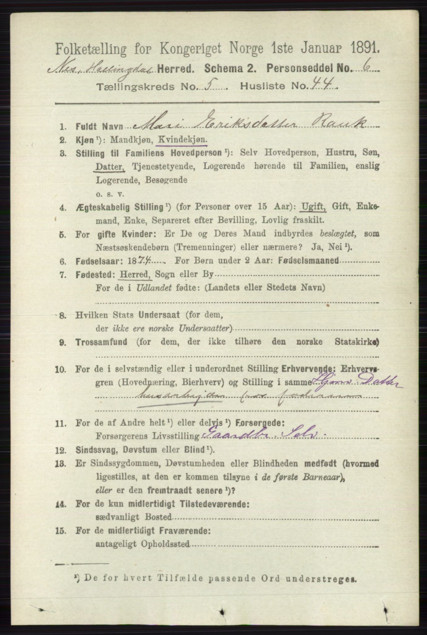 RA, 1891 census for 0616 Nes, 1891, p. 2872