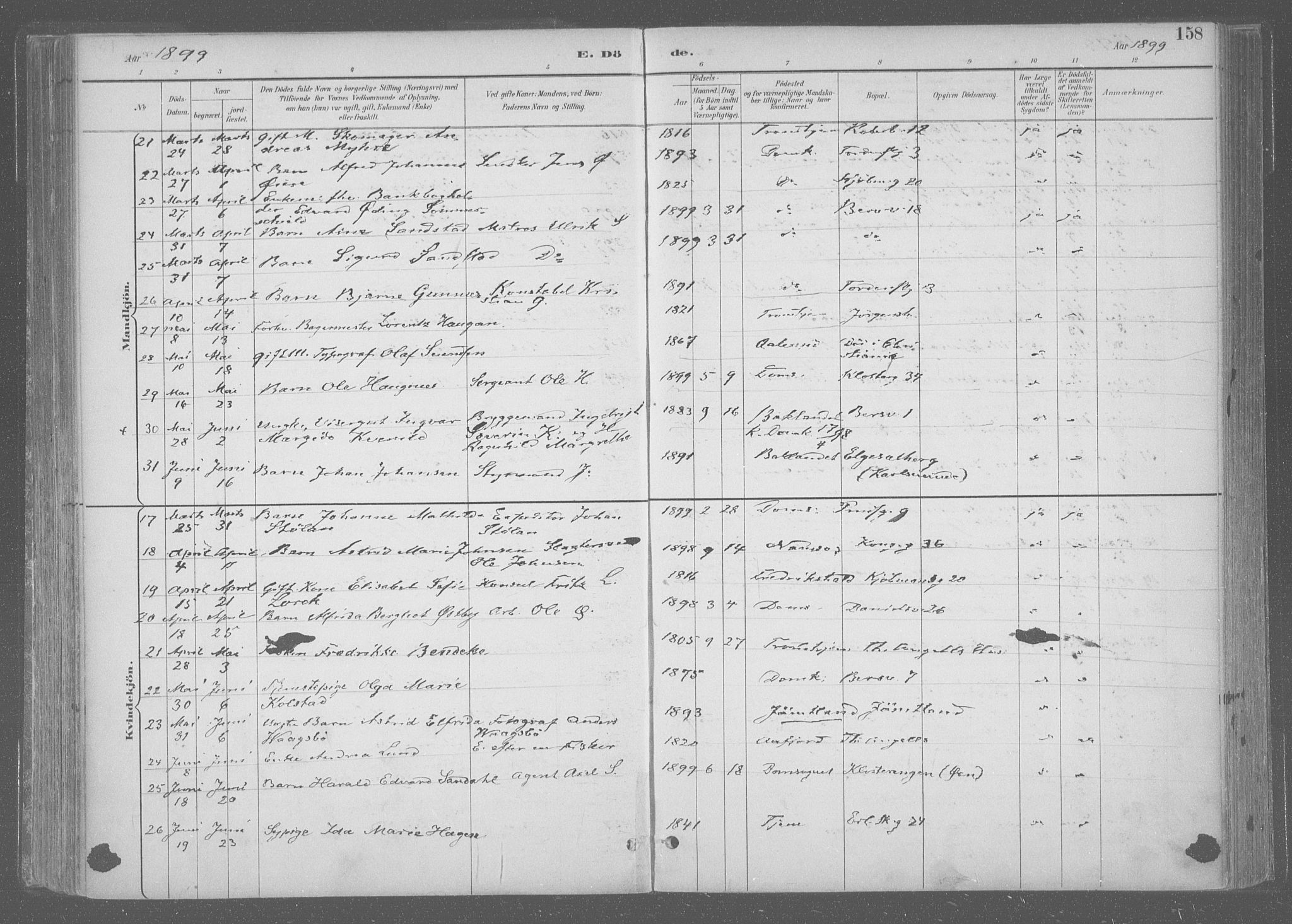 Ministerialprotokoller, klokkerbøker og fødselsregistre - Sør-Trøndelag, AV/SAT-A-1456/601/L0064: Parish register (official) no. 601A31, 1891-1911, p. 158