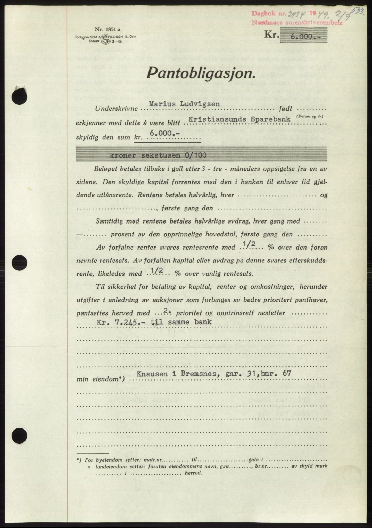 Nordmøre sorenskriveri, AV/SAT-A-4132/1/2/2Ca: Mortgage book no. B102, 1949-1949, Diary no: : 2434/1949