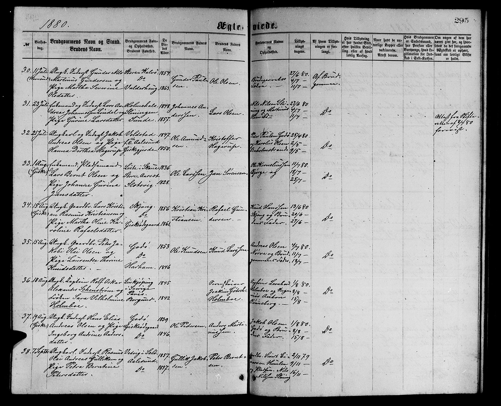 Ministerialprotokoller, klokkerbøker og fødselsregistre - Møre og Romsdal, AV/SAT-A-1454/528/L0429: Parish register (copy) no. 528C10, 1872-1886, p. 295