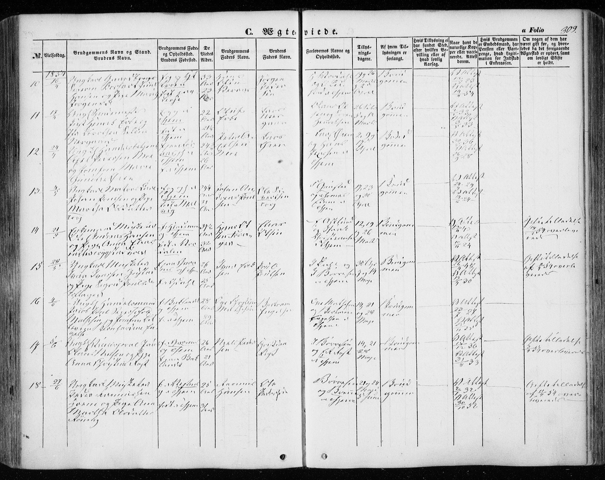 Ministerialprotokoller, klokkerbøker og fødselsregistre - Sør-Trøndelag, SAT/A-1456/601/L0051: Parish register (official) no. 601A19, 1848-1857, p. 309