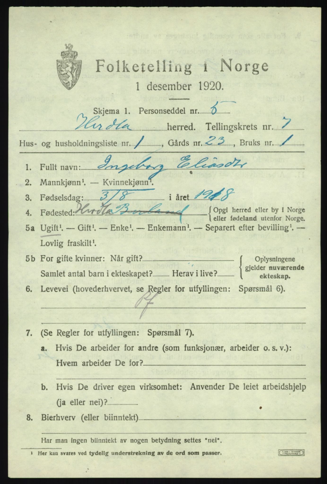 SAB, 1920 census for Herdla, 1920, p. 4877