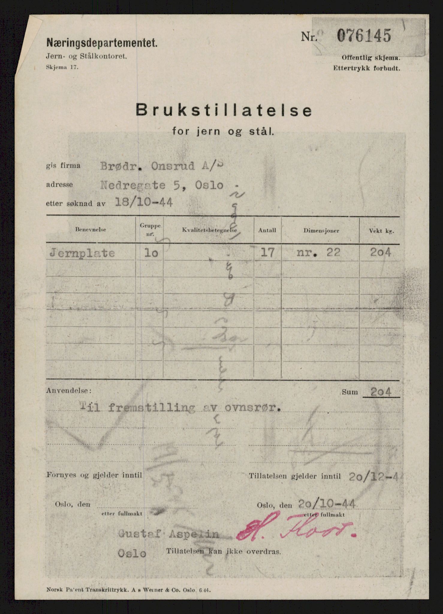 Direktoratet for industriforsyning, Sekretariatet, AV/RA-S-4153/D/Df/L0056: 9. Metallkontoret, 1940-1945, p. 51