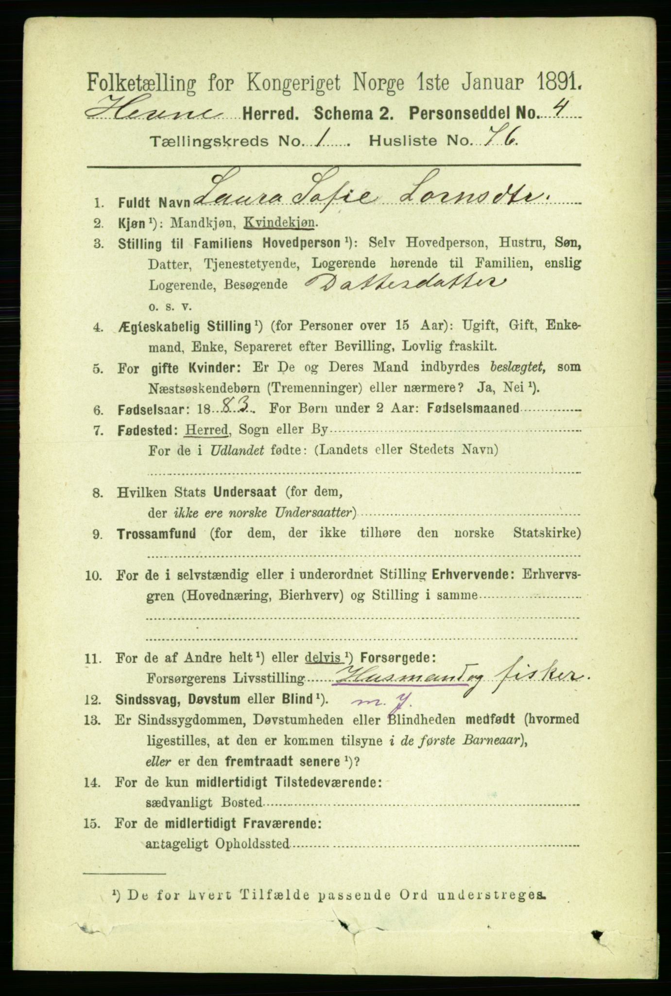 RA, 1891 census for 1612 Hemne, 1891, p. 619