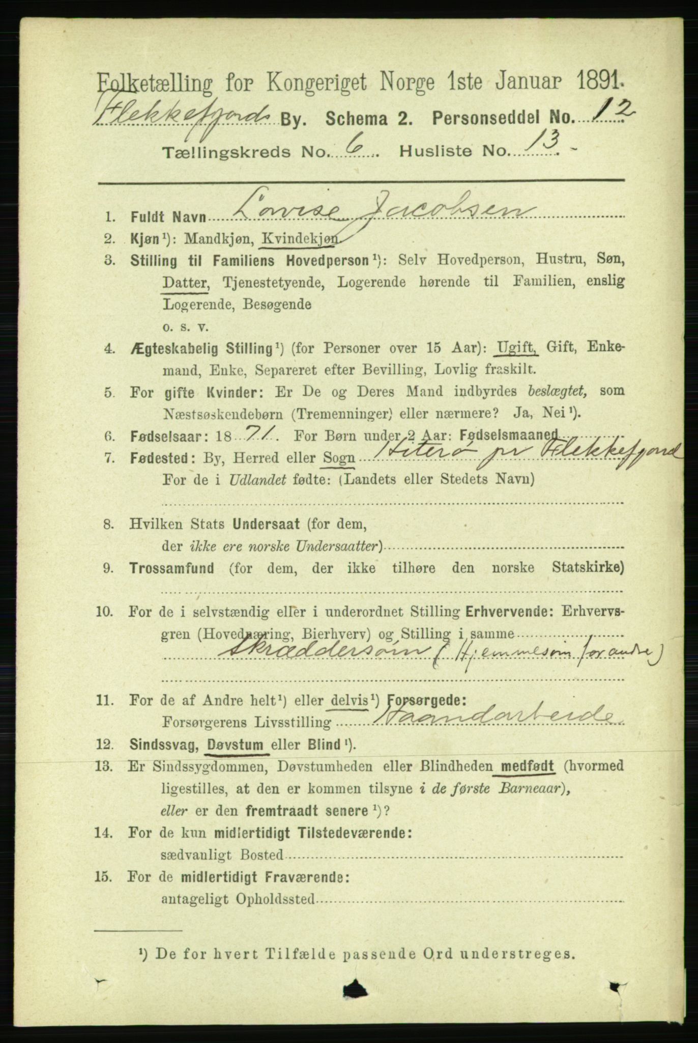 RA, 1891 census for 1004 Flekkefjord, 1891, p. 1278