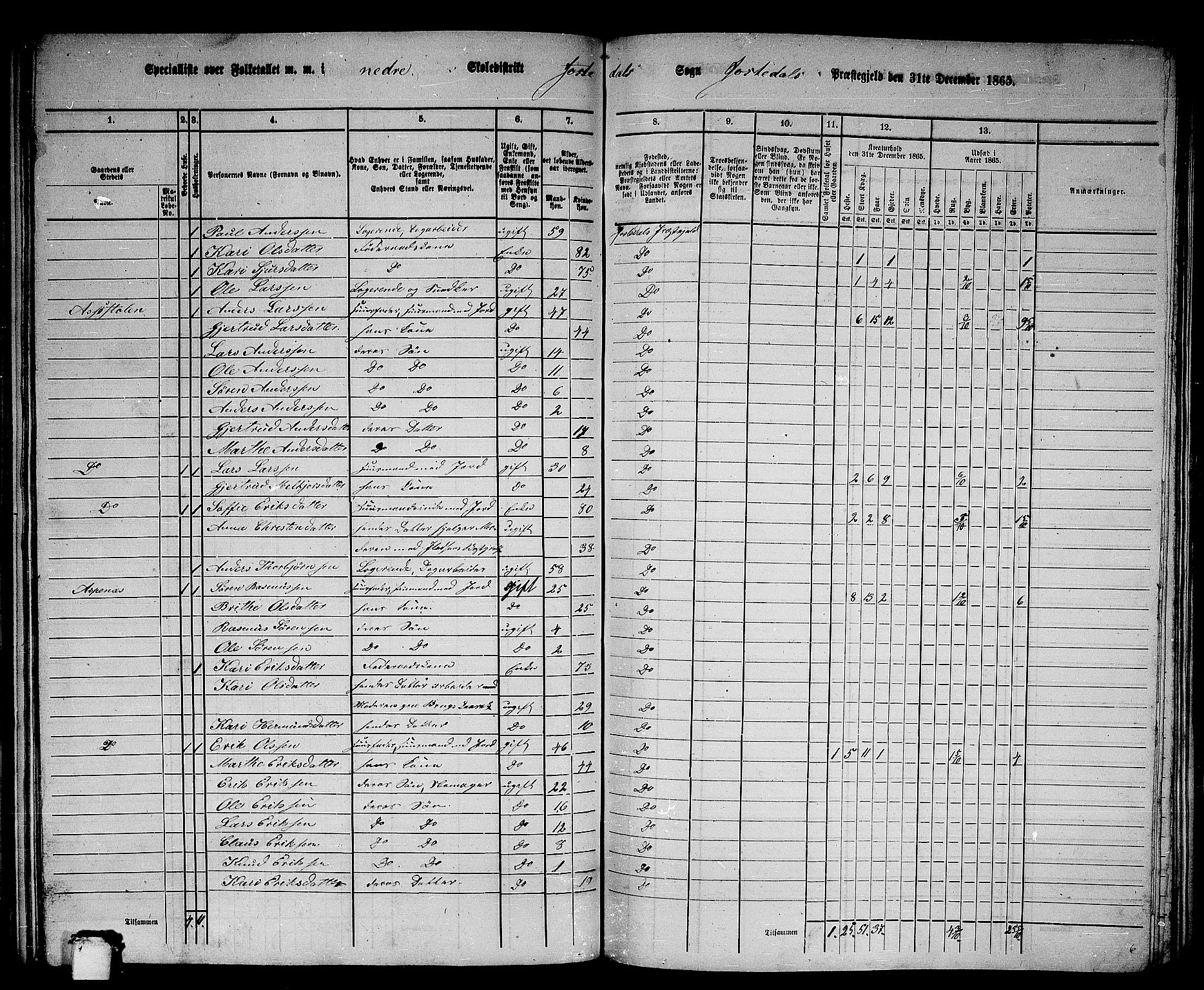 RA, 1865 census for Jostedal, 1865, p. 20