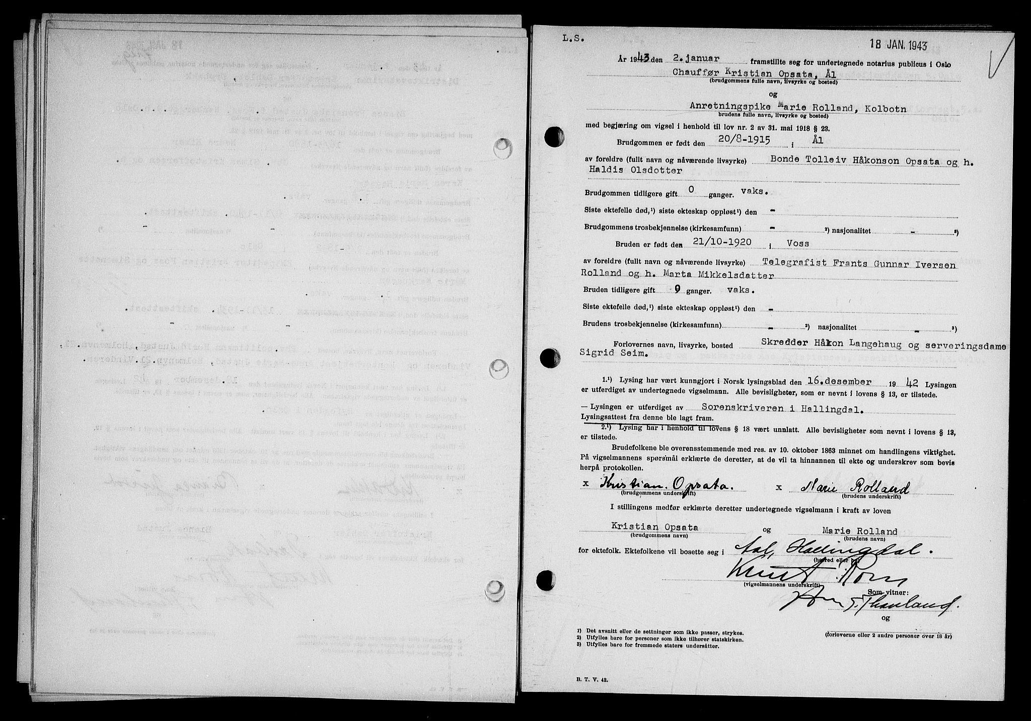 Oslo byfogd avd. I, AV/SAO-A-10220/L/Lb/Lbb/L0043: Notarialprotokoll, rekke II: Vigsler, 1943