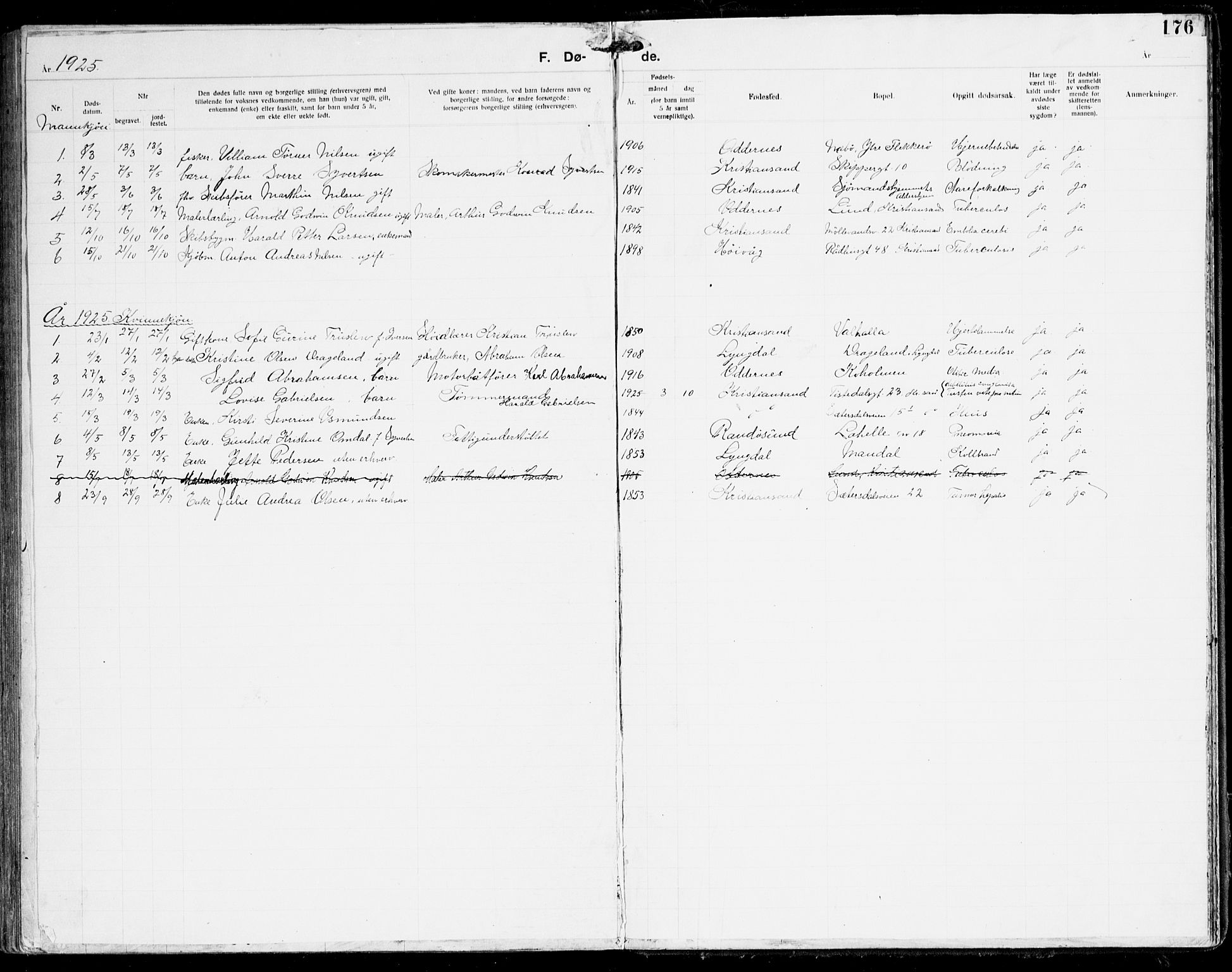 Den evangelisk-lutherske frikirke, Kristiansand, SAK/1292-0017/F/Fa/L0003: Dissenter register no. F 11, 1892-1925, p. 176