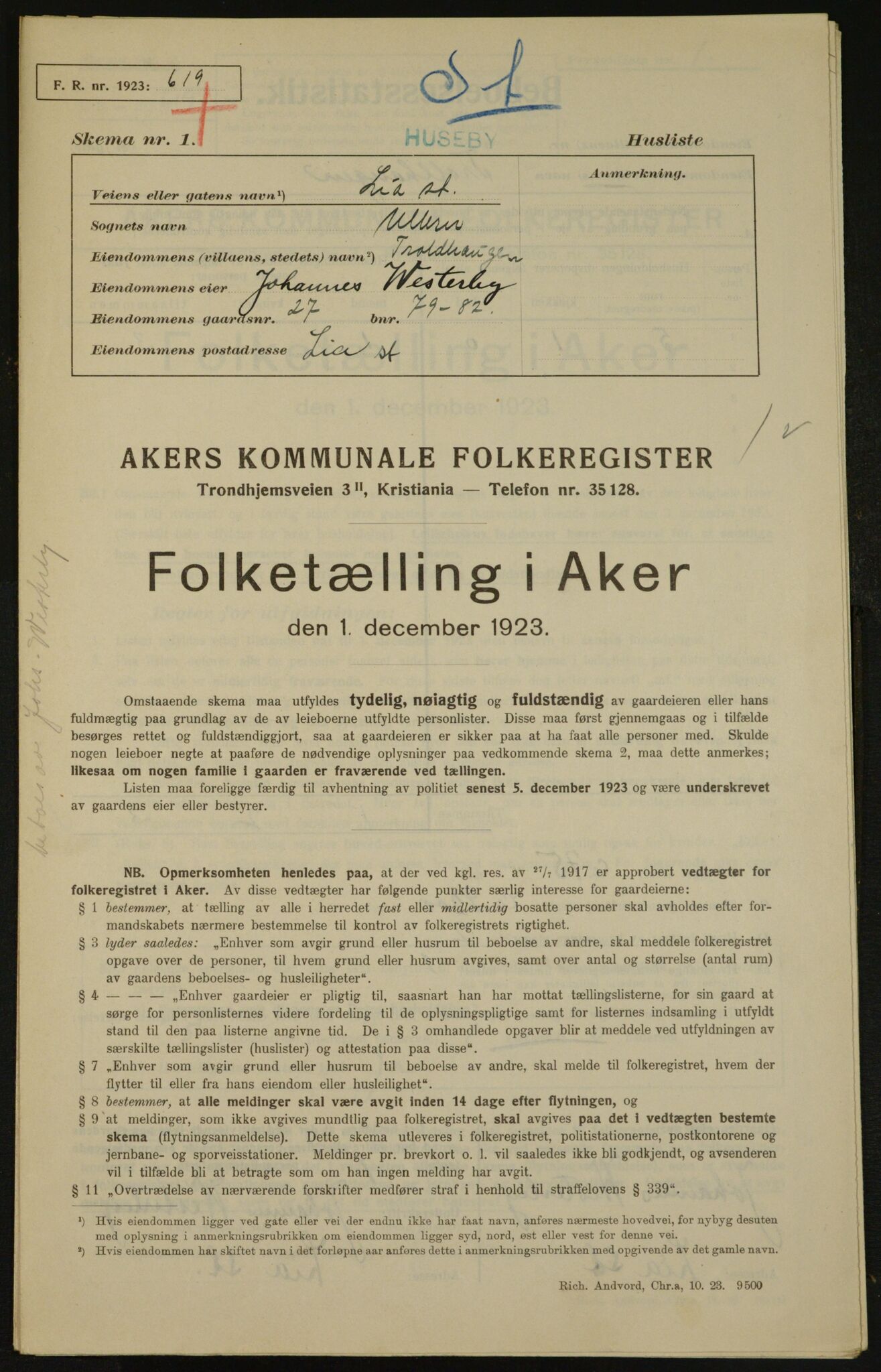 , Municipal Census 1923 for Aker, 1923, p. 3583