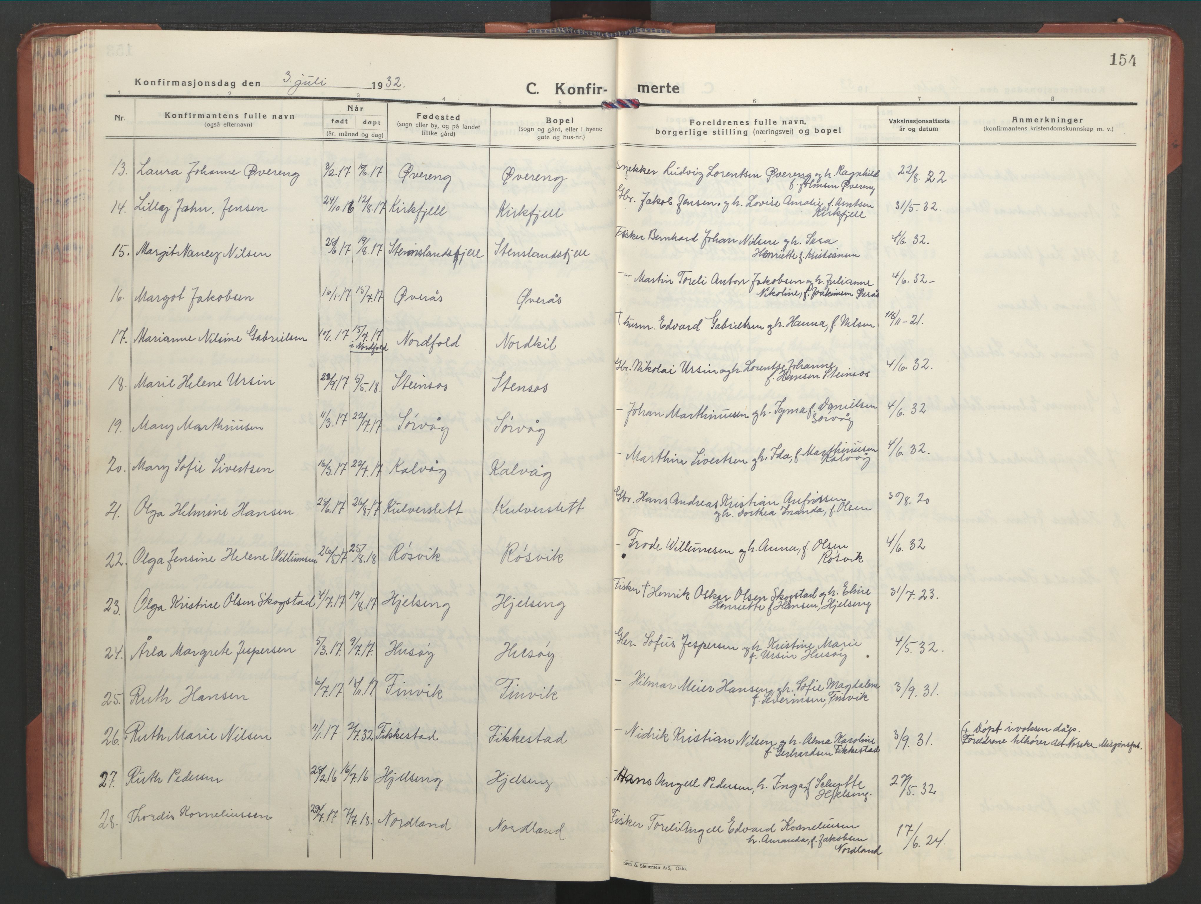 Ministerialprotokoller, klokkerbøker og fødselsregistre - Nordland, AV/SAT-A-1459/859/L0862: Parish register (copy) no. 859C08, 1925-1936, p. 154