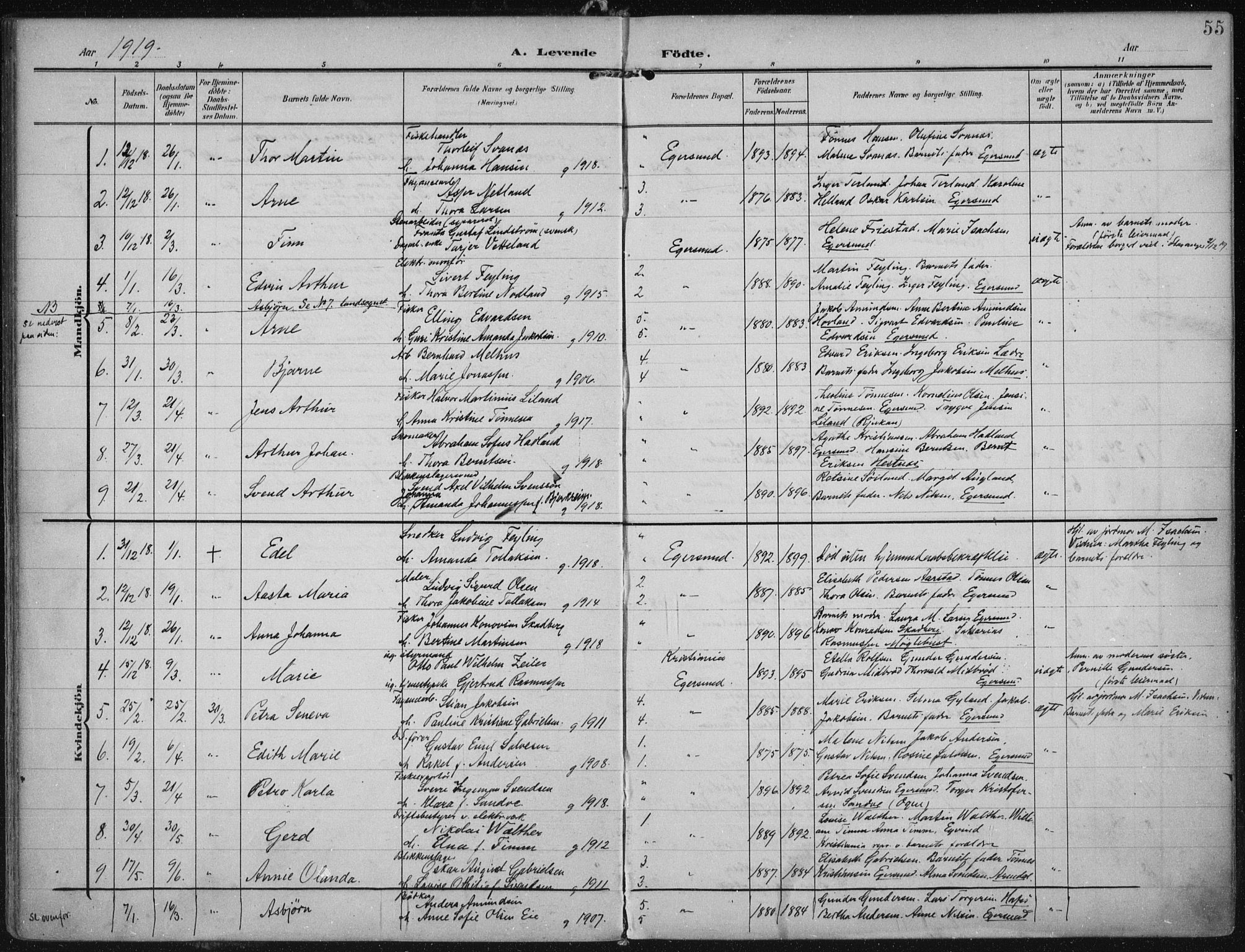 Eigersund sokneprestkontor, SAST/A-101807/S08/L0022: Parish register (official) no. A 21, 1905-1928, p. 55