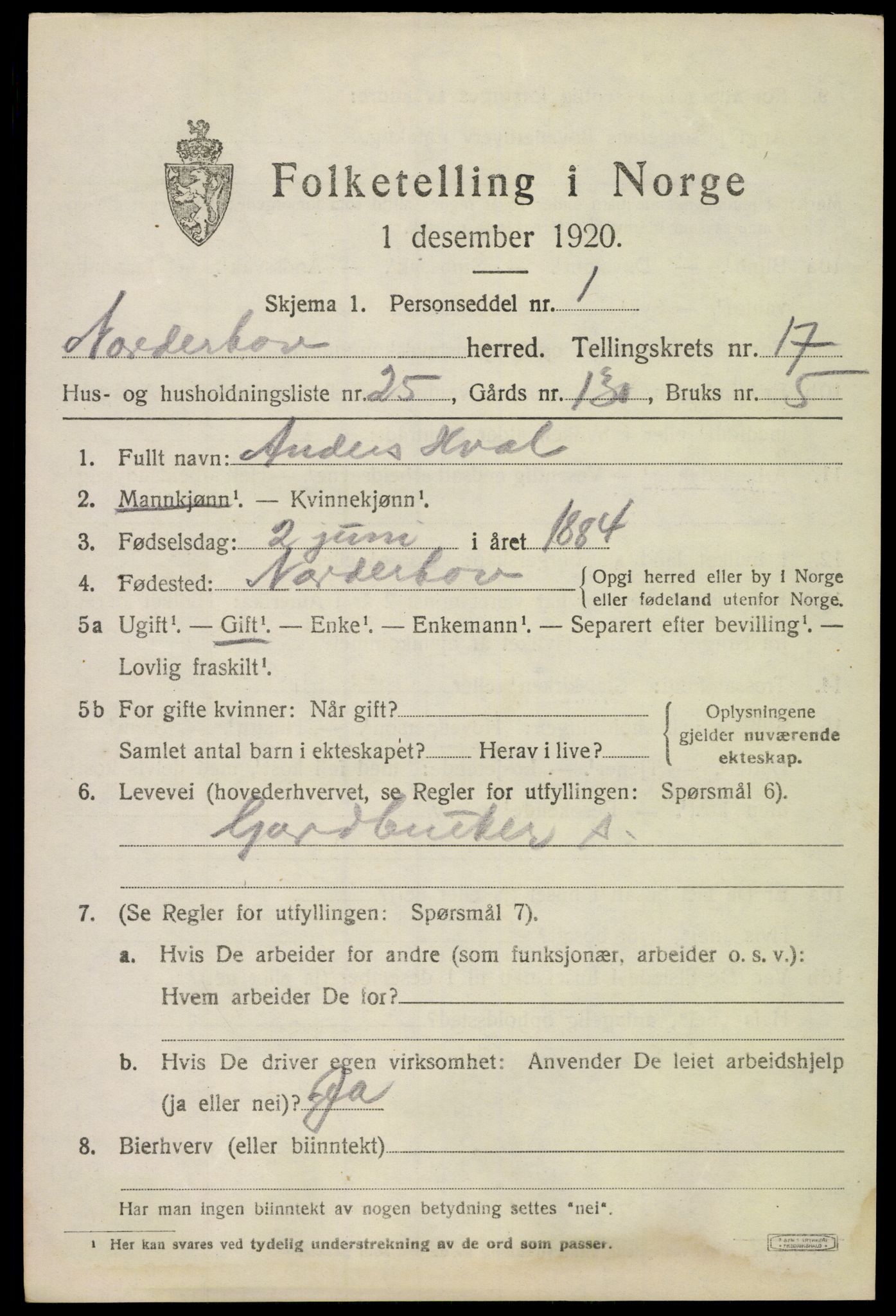 SAKO, 1920 census for Norderhov, 1920, p. 18744