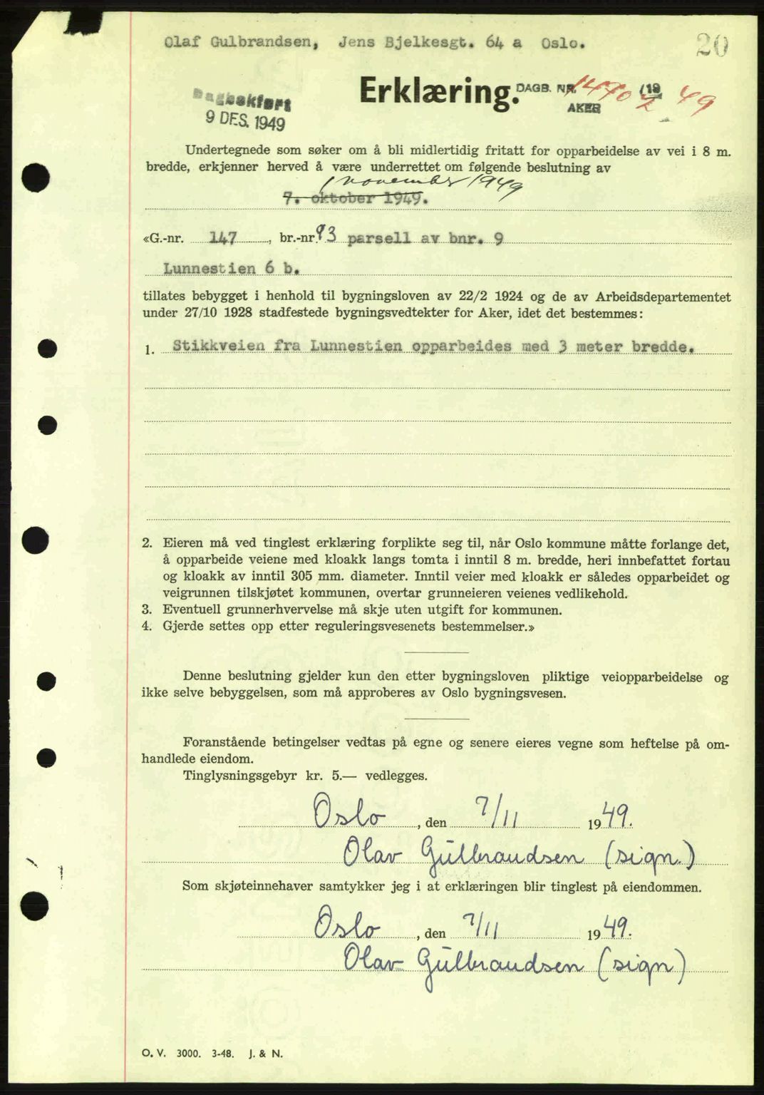 Oslo byskriverembete, AV/SAO-A-10227/G/Gb/Gbd/Gbda/L0017: Mortgage book no. A215, 1949-1950, Diary no: : 14702/1949