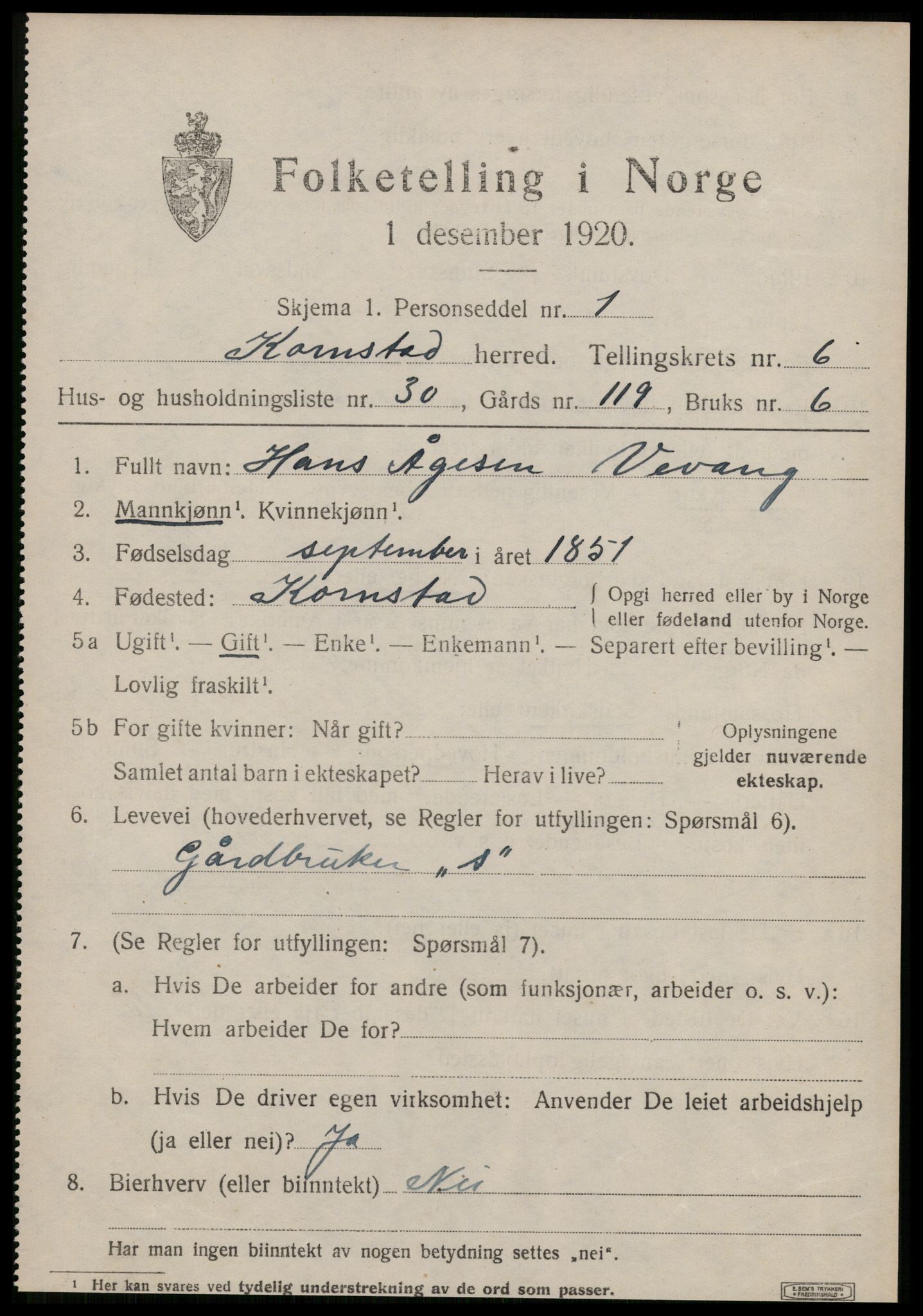 SAT, 1920 census for Kornstad, 1920, p. 3559