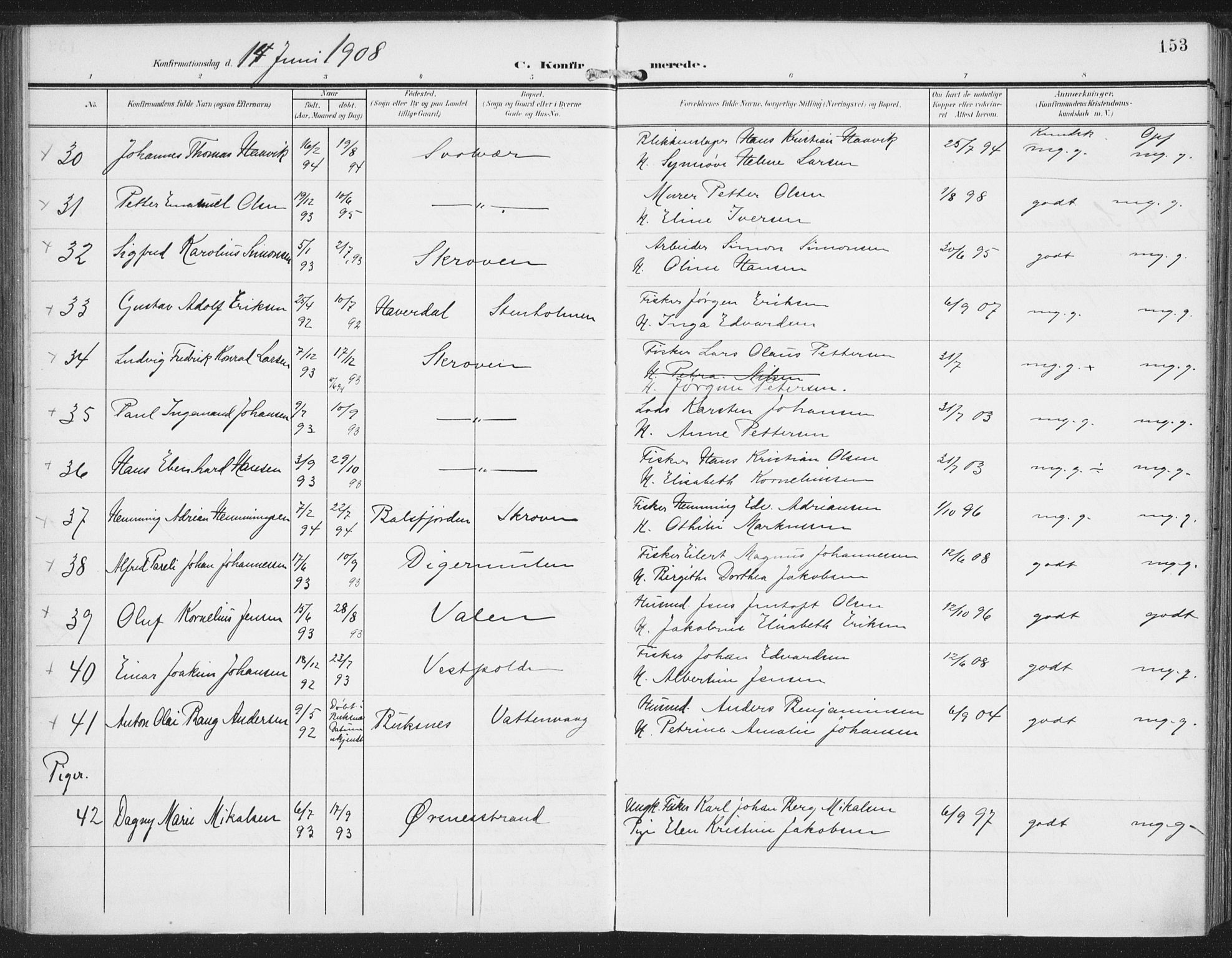 Ministerialprotokoller, klokkerbøker og fødselsregistre - Nordland, AV/SAT-A-1459/874/L1063: Parish register (official) no. 874A07, 1907-1915, p. 153