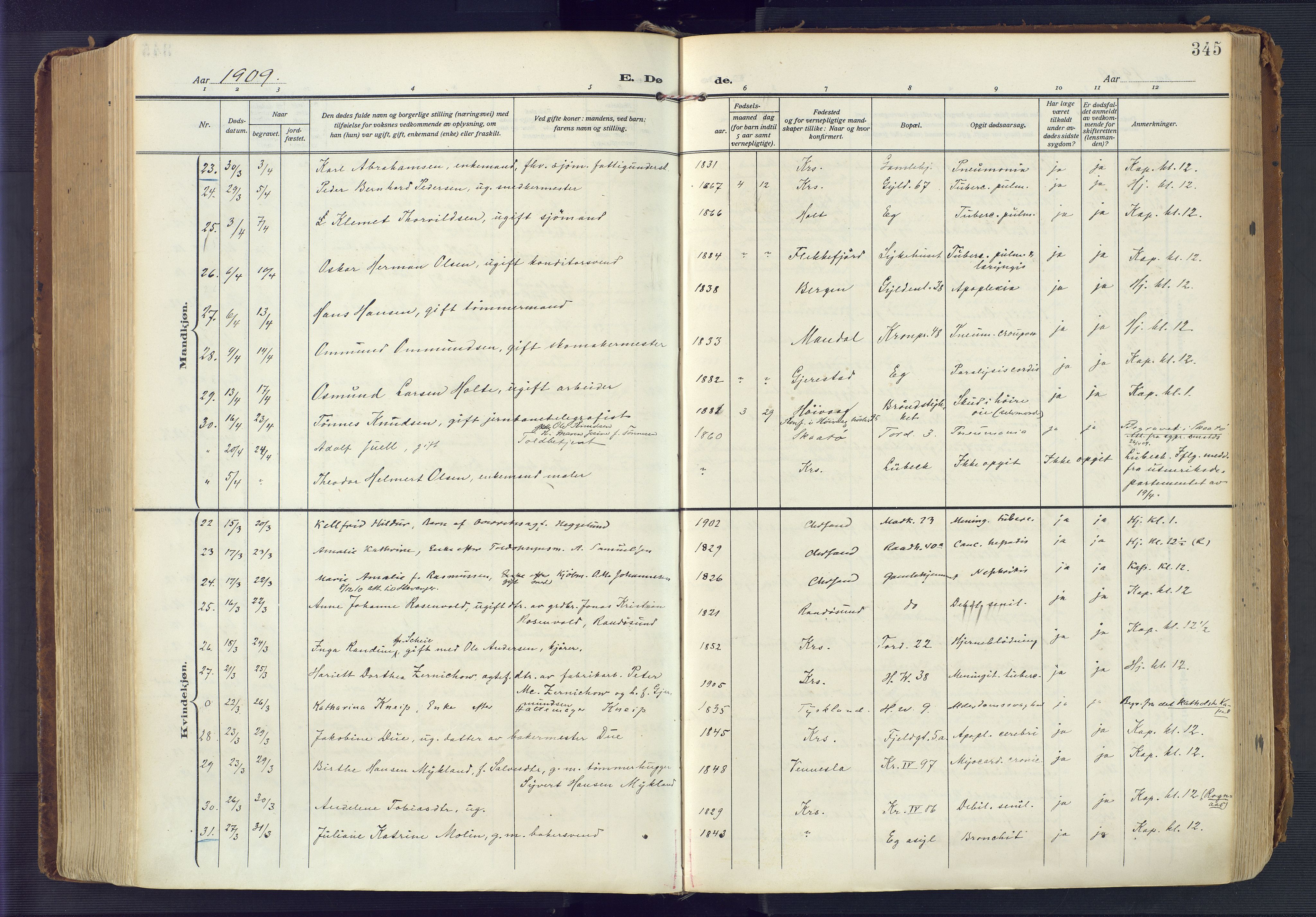 Kristiansand domprosti, AV/SAK-1112-0006/F/Fa/L0023: Parish register (official) no. A 22, 1909-1917, p. 345