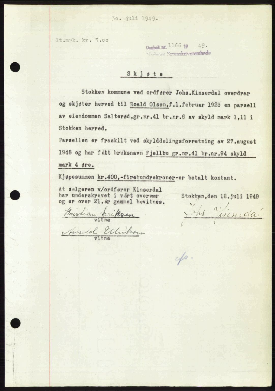 Nedenes sorenskriveri, AV/SAK-1221-0006/G/Gb/Gba/L0061: Mortgage book no. A13, 1949-1949, Diary no: : 1166/1949