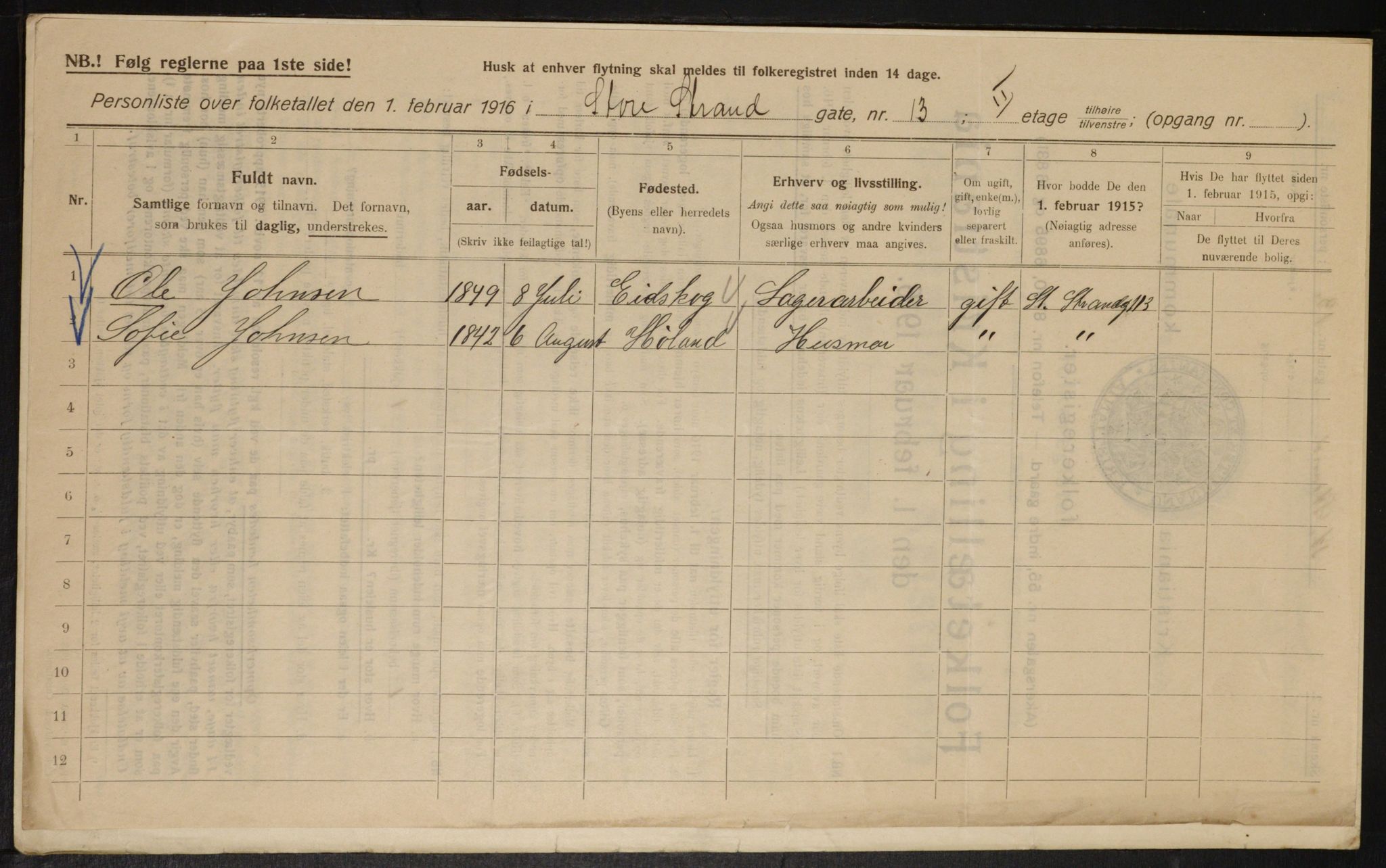 OBA, Municipal Census 1916 for Kristiania, 1916, p. 105692