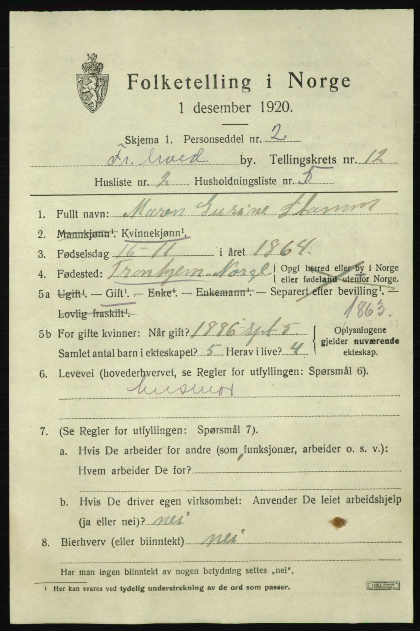 SAO, 1920 census for Fredrikshald, 1920, p. 19881