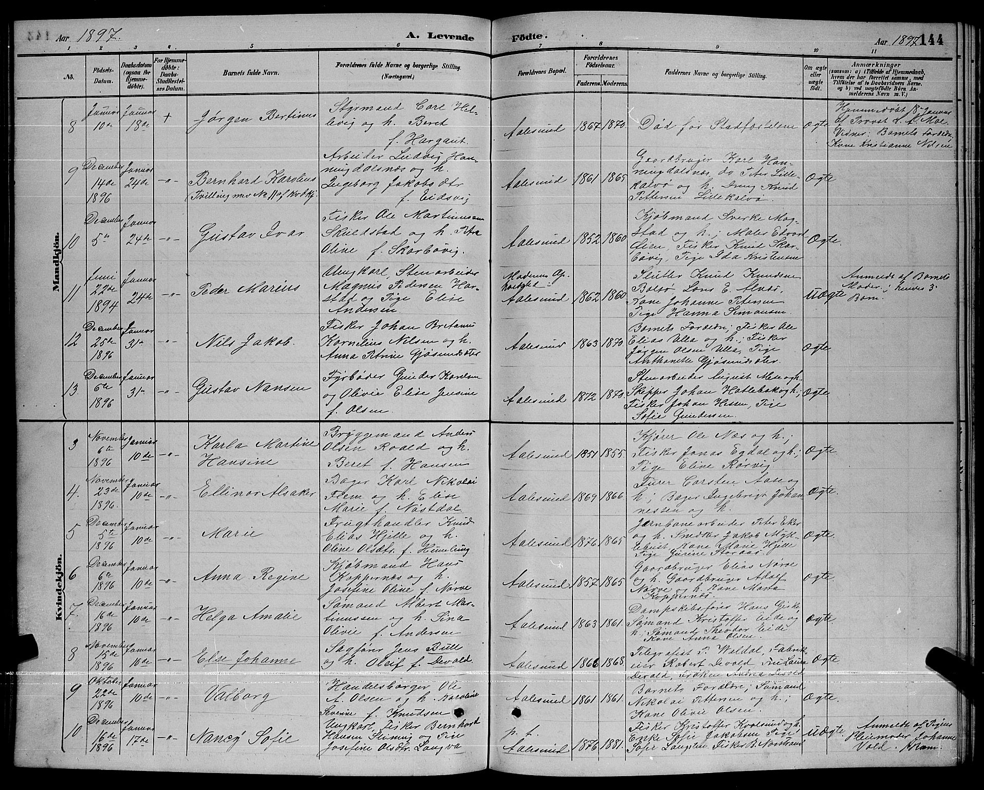 Ministerialprotokoller, klokkerbøker og fødselsregistre - Møre og Romsdal, AV/SAT-A-1454/529/L0467: Parish register (copy) no. 529C04, 1889-1897, p. 144