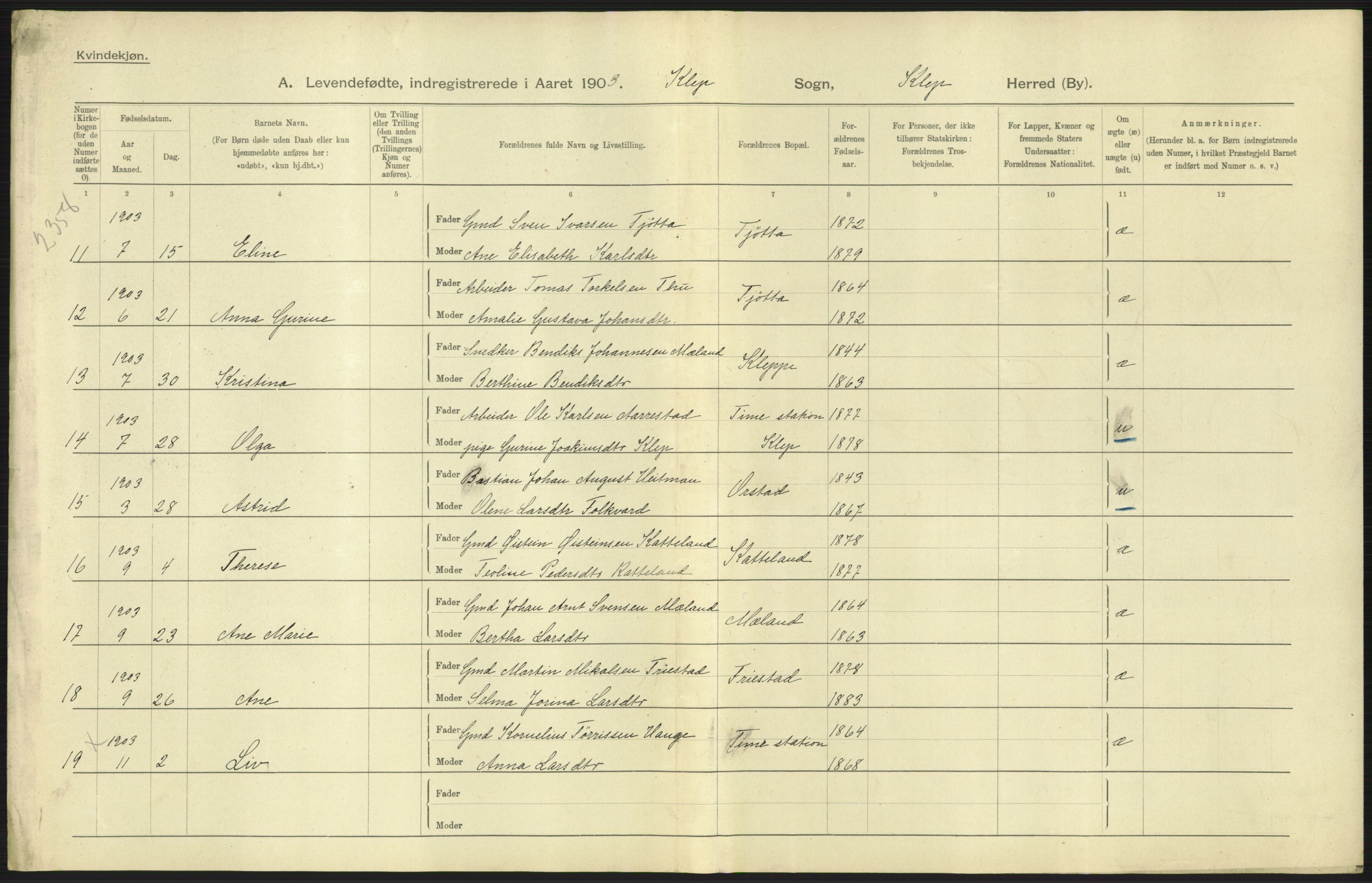 Statistisk sentralbyrå, Sosiodemografiske emner, Befolkning, AV/RA-S-2228/D/Df/Dfa/Dfaa/L0012: Stavanger amt: Fødte, gifte, døde, 1903, p. 39