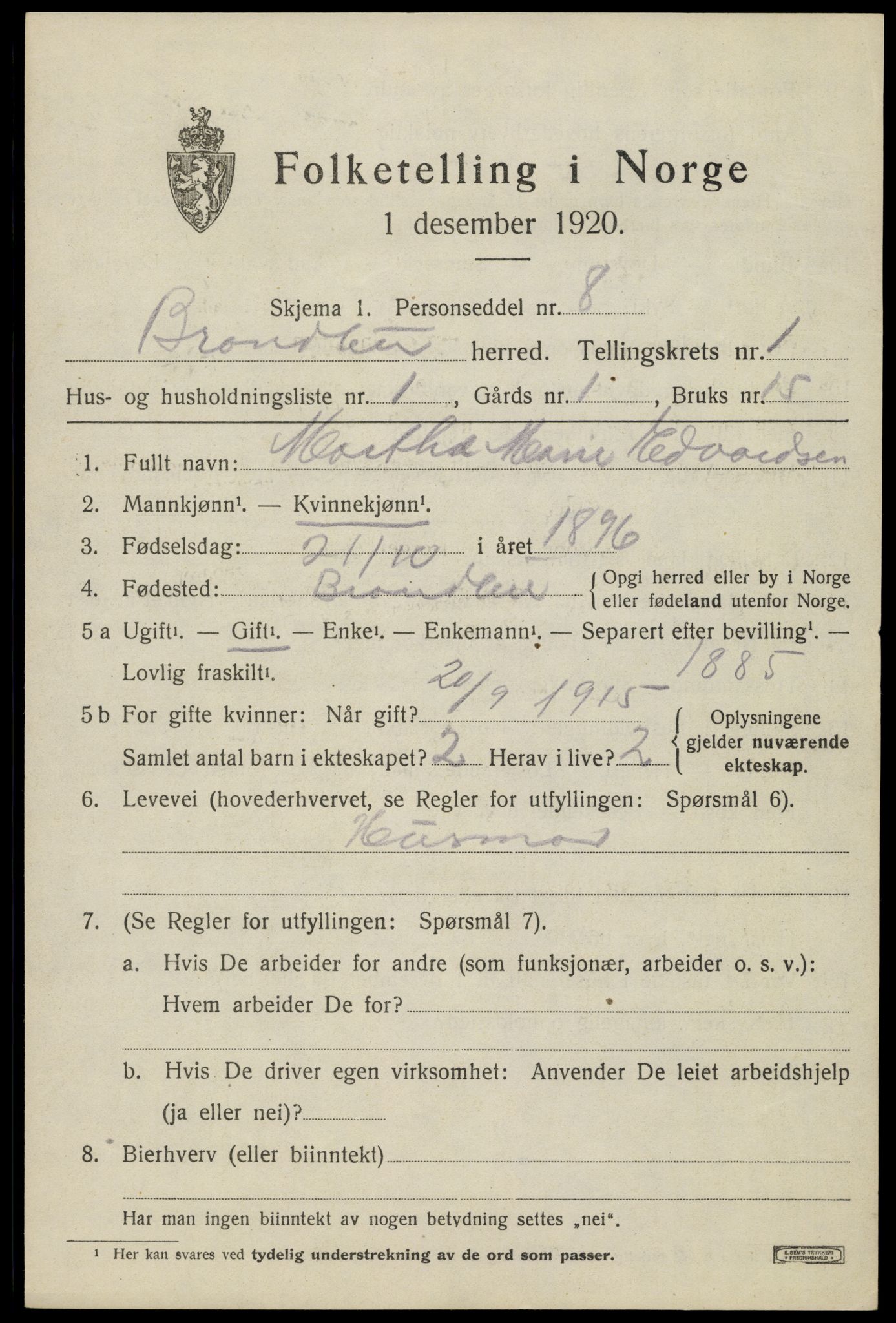 SAH, 1920 census for Brandbu, 1920, p. 1949