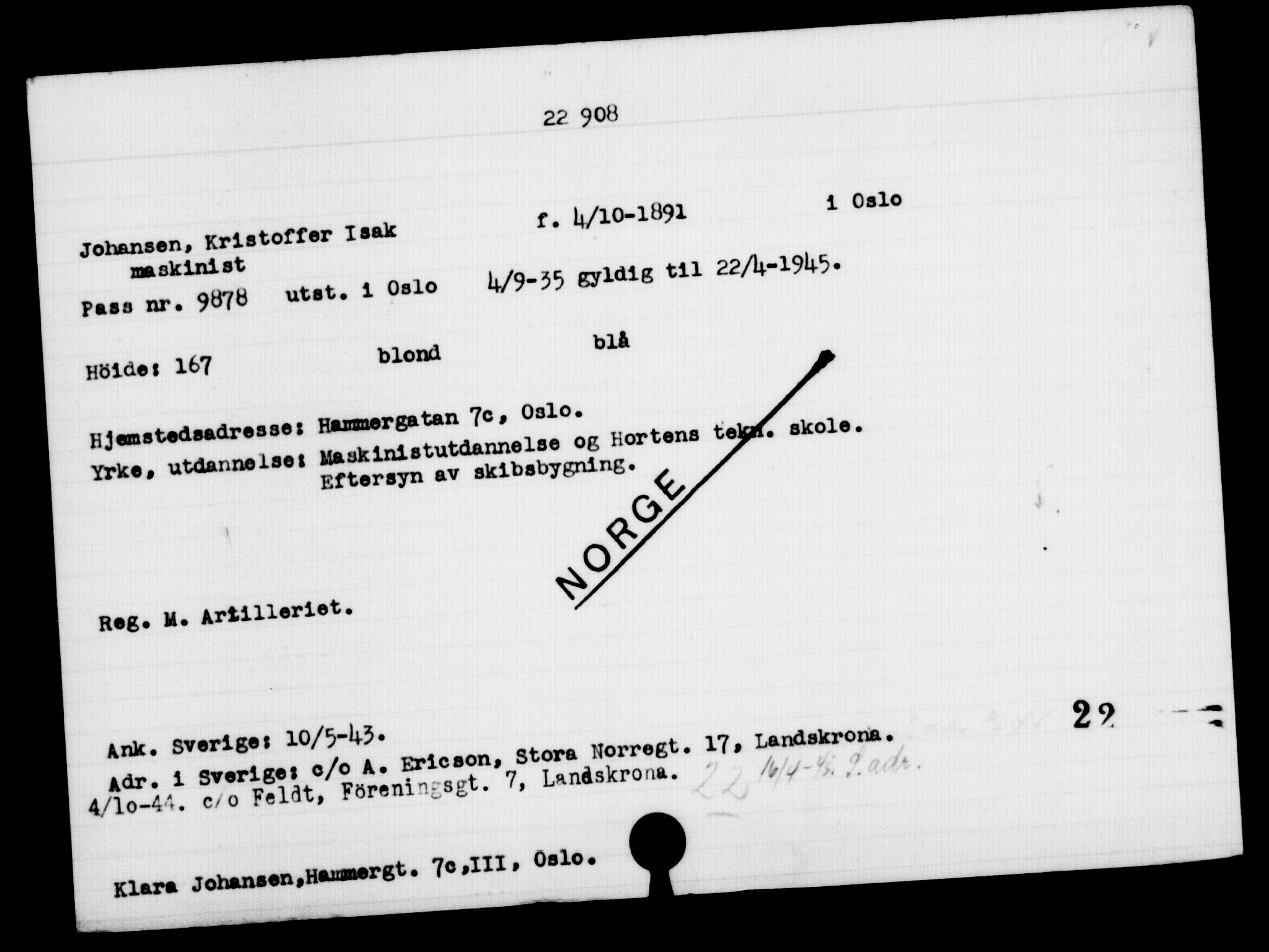 Den Kgl. Norske Legasjons Flyktningskontor, AV/RA-S-6753/V/Va/L0010: Kjesäterkartoteket.  Flyktningenr. 22000-25314, 1940-1945, p. 986