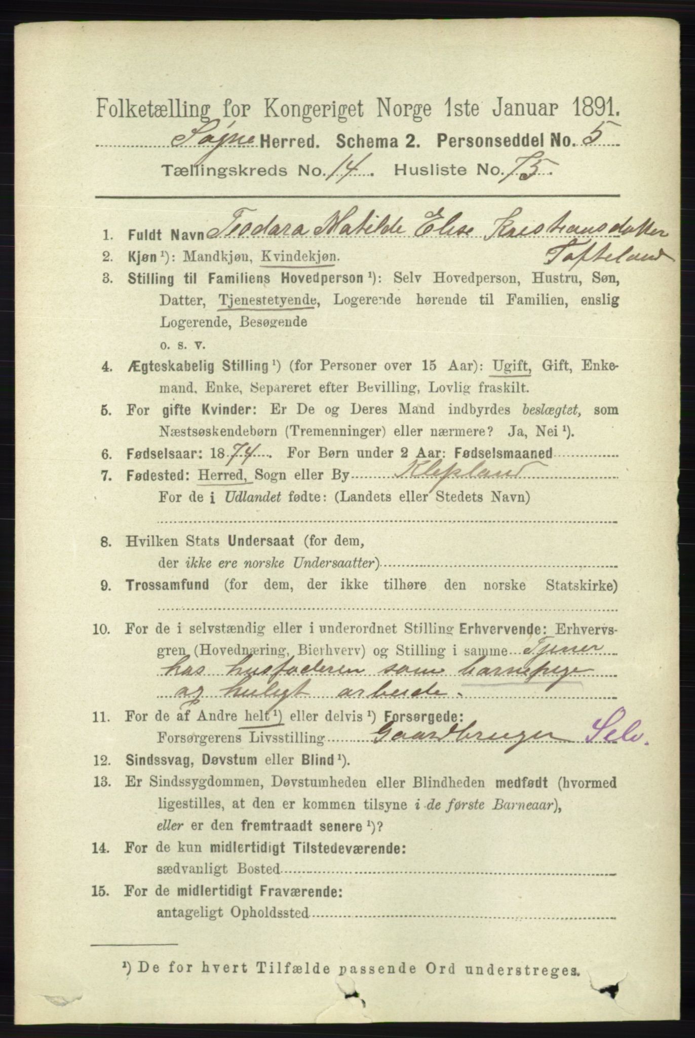 RA, 1891 census for 1018 Søgne, 1891, p. 3795