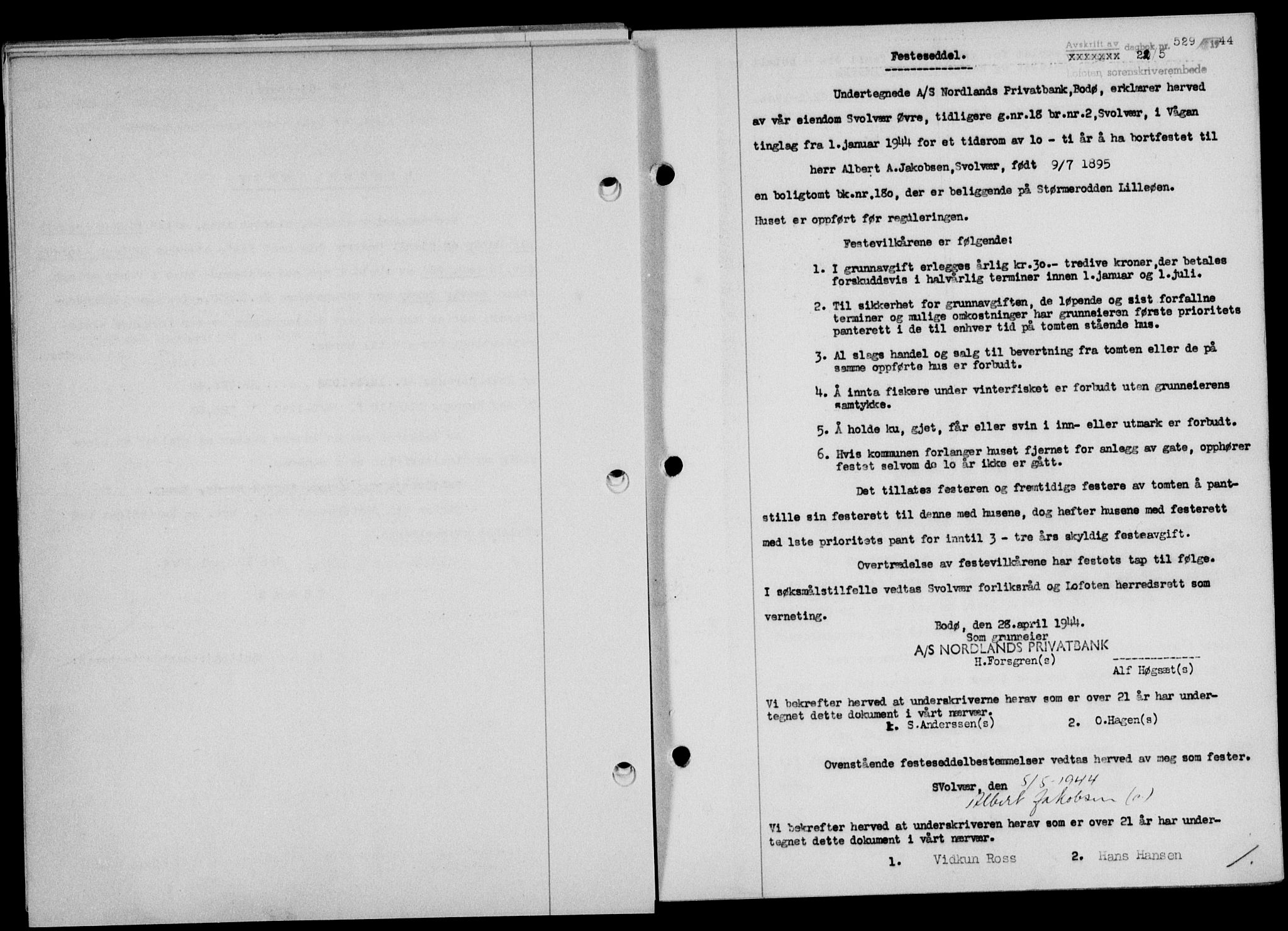 Lofoten sorenskriveri, SAT/A-0017/1/2/2C/L0012a: Mortgage book no. 12a, 1943-1944, Diary no: : 529/1944