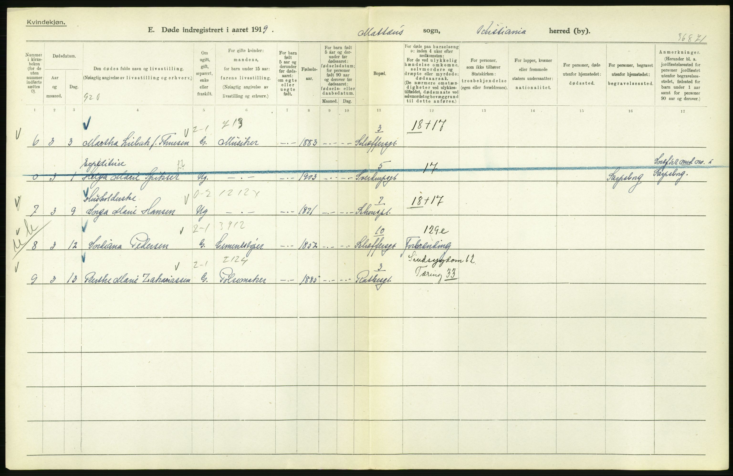 Statistisk sentralbyrå, Sosiodemografiske emner, Befolkning, RA/S-2228/D/Df/Dfb/Dfbi/L0010: Kristiania: Døde, 1919, p. 686