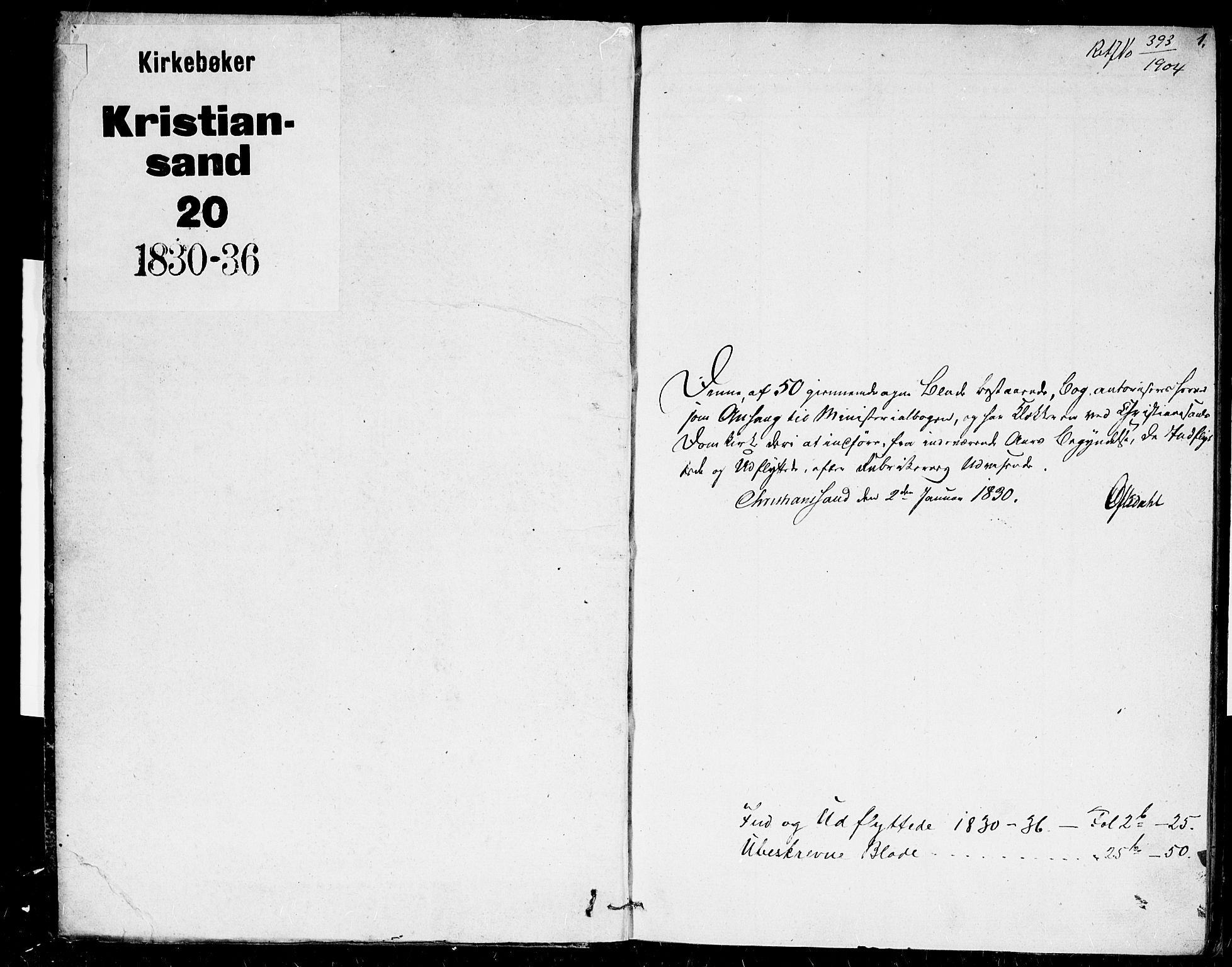 Kristiansand domprosti, SAK/1112-0006/F/Fb/L0008: Parish register (copy) no. B 8, 1830-1836, p. 1