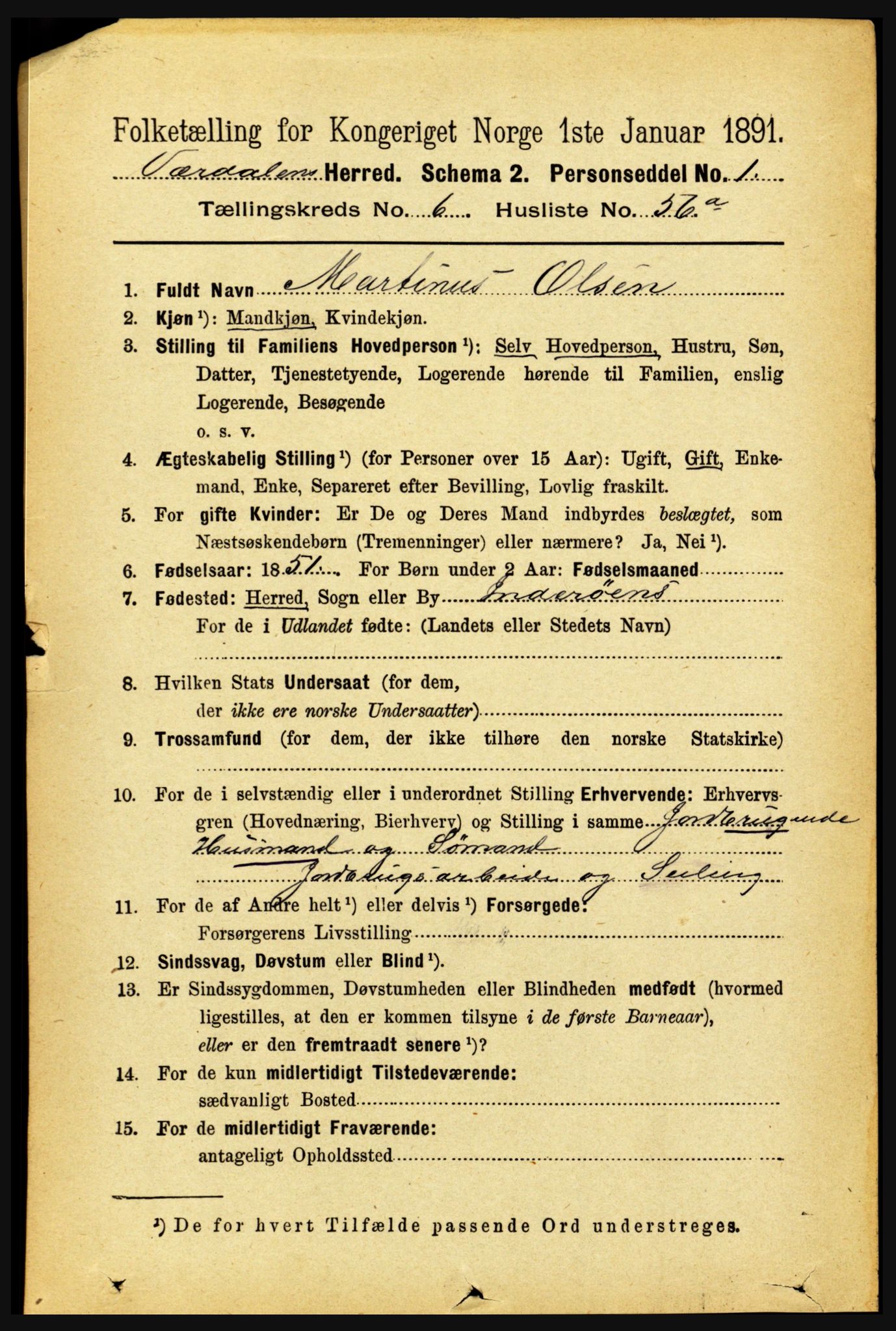 RA, 1891 census for 1721 Verdal, 1891, p. 3905