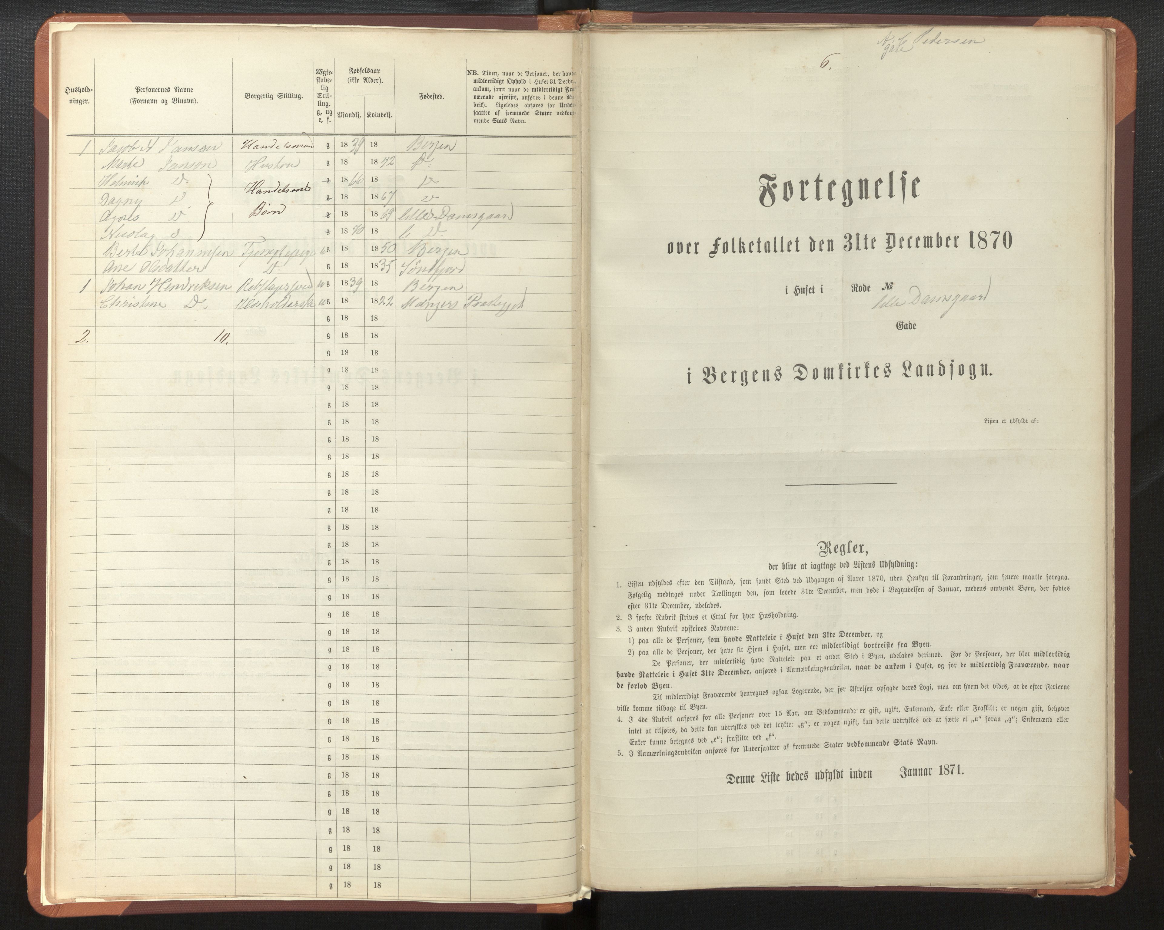 SAB, 1870 census for Bergen rural district, Domkirken local parish, 1870, p. 6