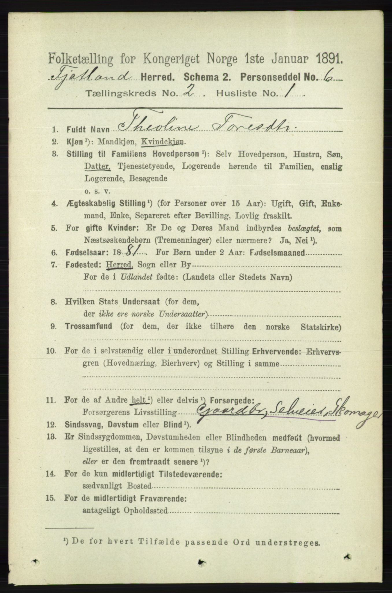 RA, 1891 census for 1036 Fjotland, 1891, p. 241