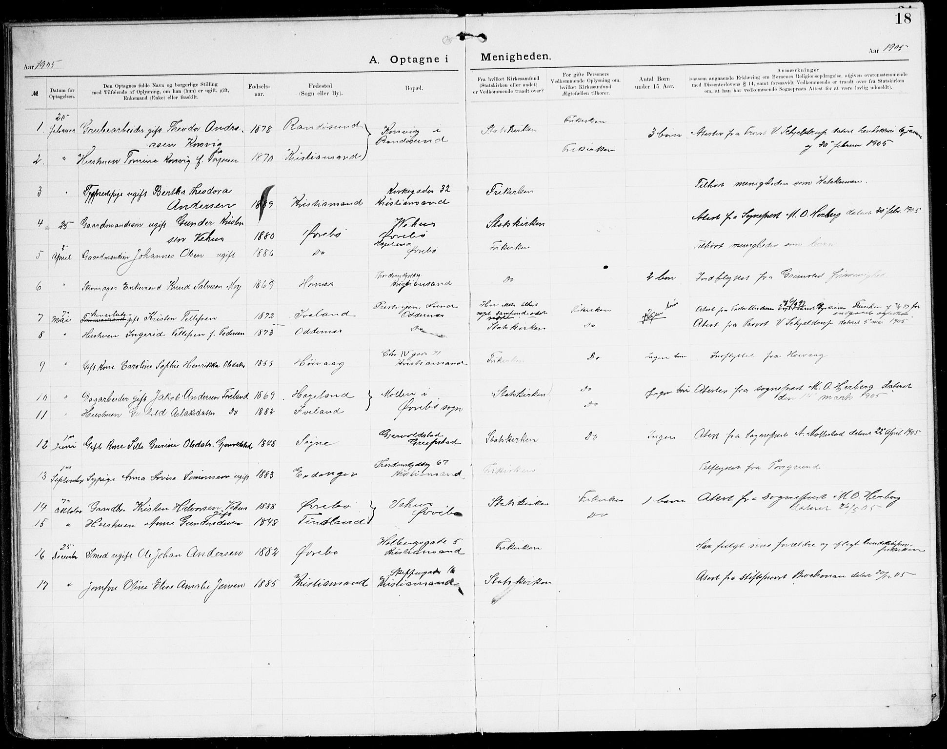 Den evangelisk-lutherske frikirke, Kristiansand, SAK/1292-0017/F/Fa/L0003: Dissenter register no. F 11, 1892-1925, p. 18