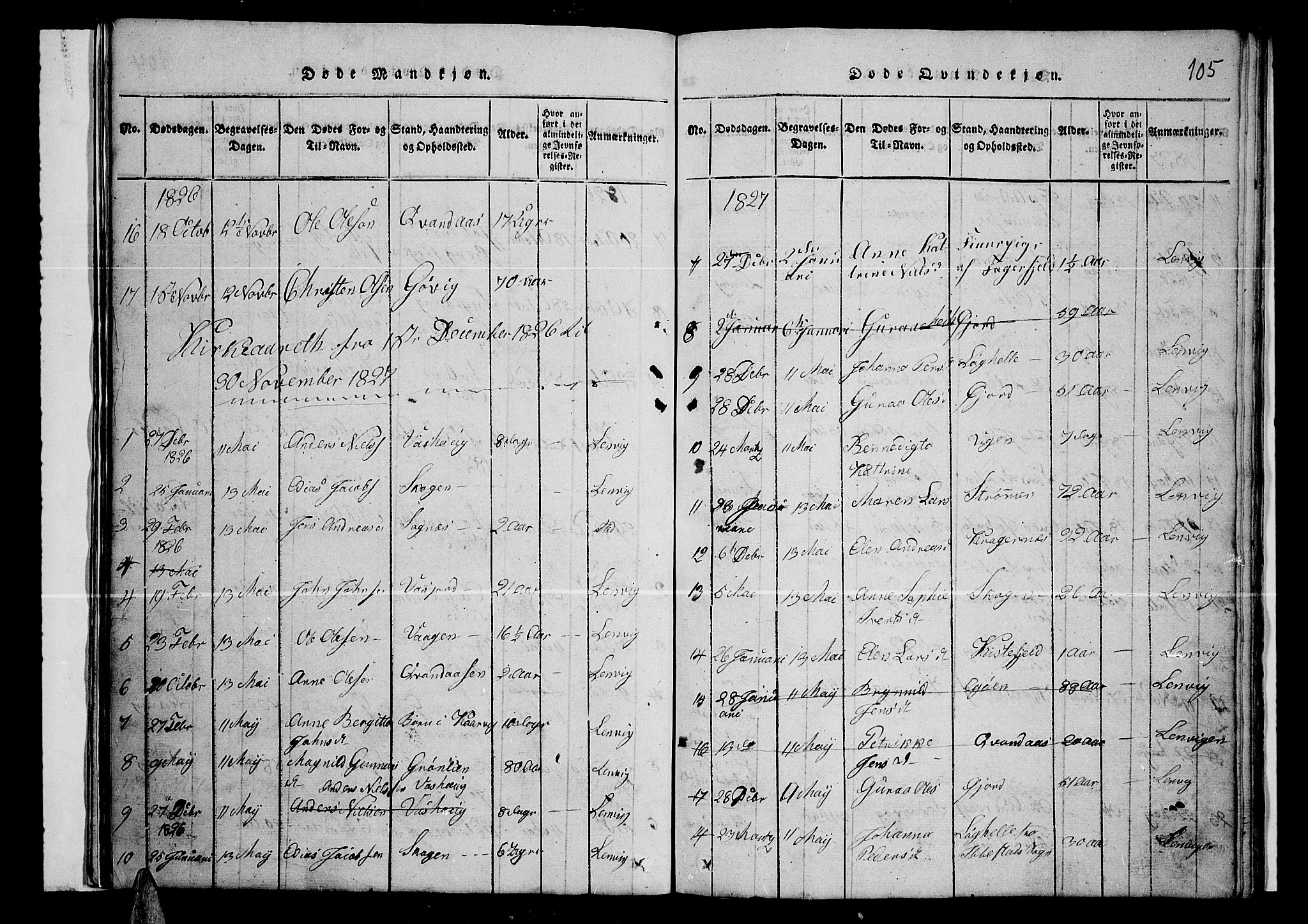 Lenvik sokneprestembete, AV/SATØ-S-1310/H/Ha/Hab/L0001klokker: Parish register (copy) no. 1, 1822-1837, p. 105