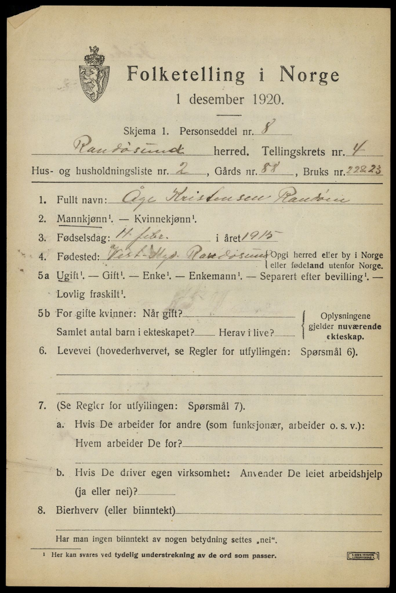 SAK, 1920 census for Randesund, 1920, p. 1810