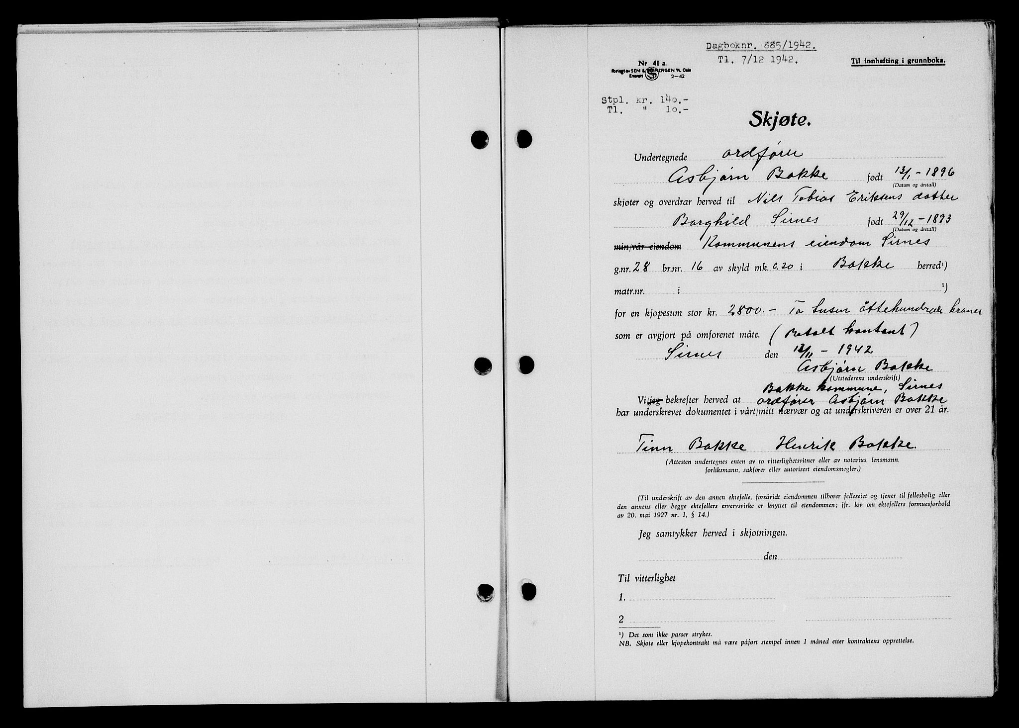 Flekkefjord sorenskriveri, SAK/1221-0001/G/Gb/Gba/L0058: Mortgage book no. A-6, 1942-1944, Diary no: : 885/1942