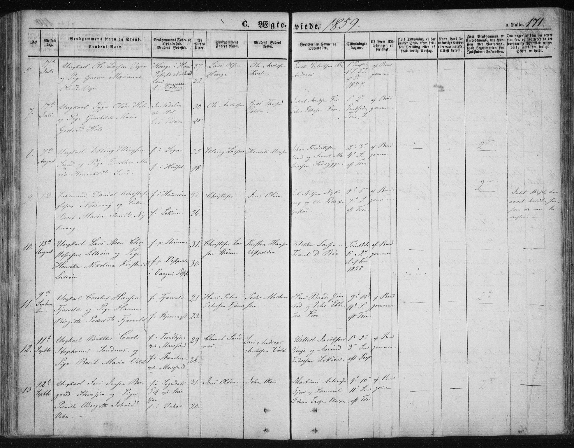 Ministerialprotokoller, klokkerbøker og fødselsregistre - Nordland, SAT/A-1459/891/L1300: Parish register (official) no. 891A05, 1856-1870, p. 171