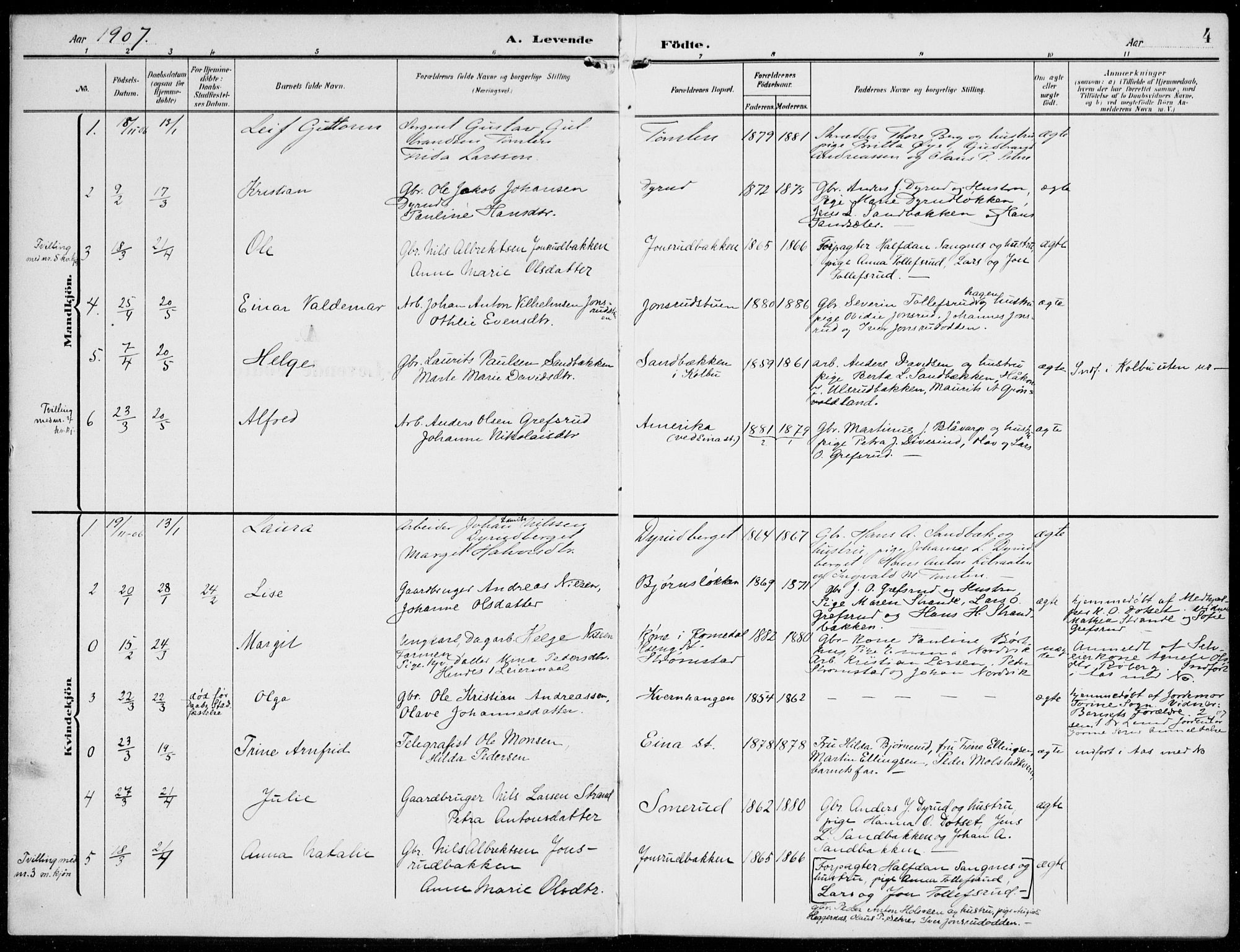 Kolbu prestekontor, SAH/PREST-110/H/Ha/Haa/L0001: Parish register (official) no. 1, 1907-1923, p. 4