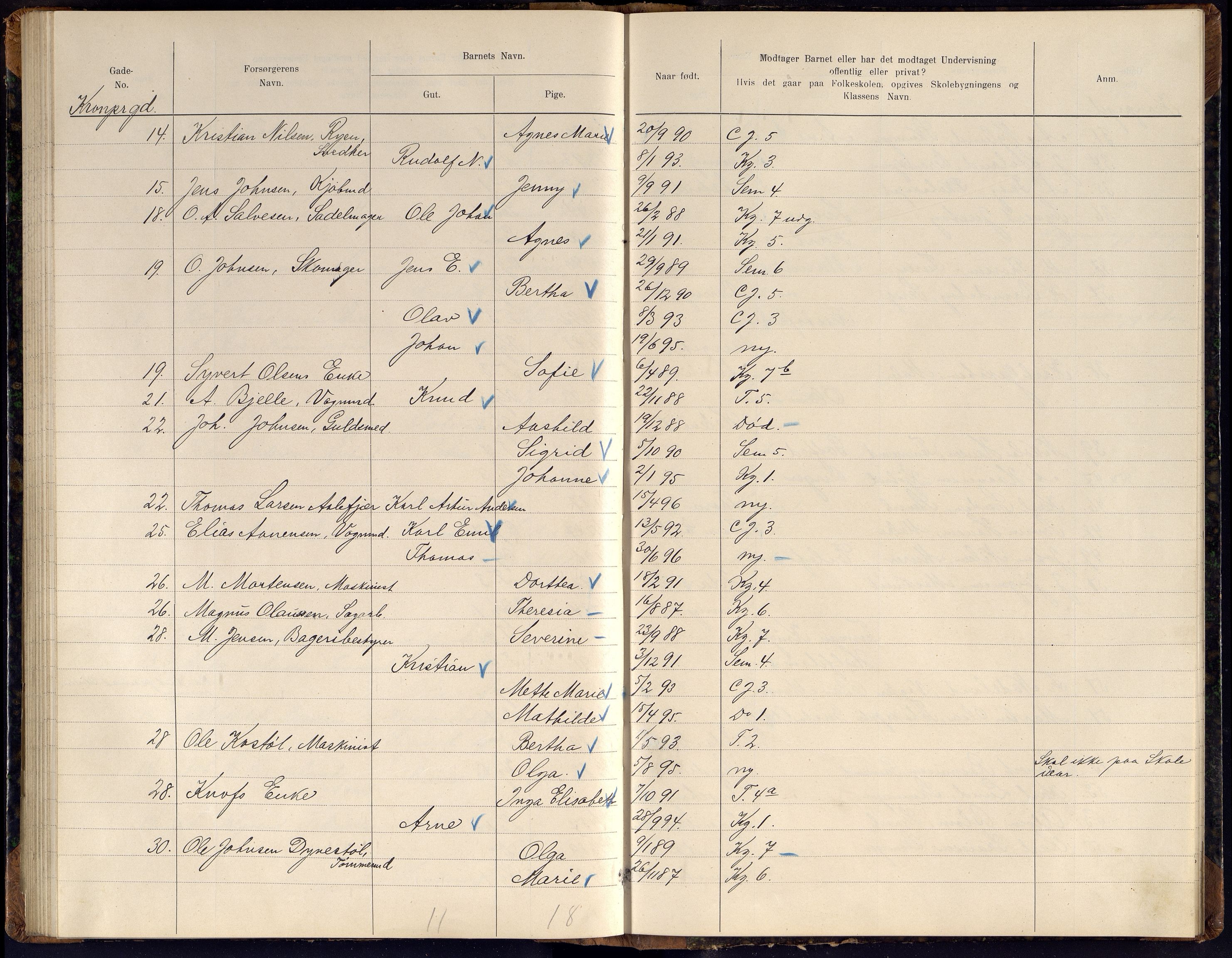 Kristiansand By - Skolekommisjonen/ -Styret, ARKSOR/1001KG510/J/Jb/L0011: Barnetelling, 1902, p. 157-158