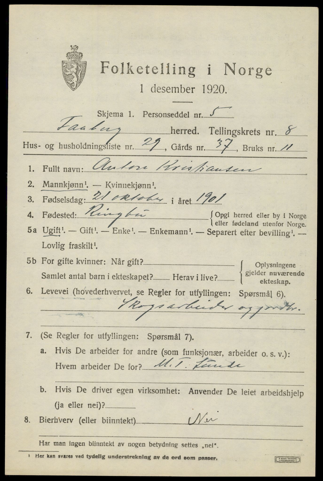 SAH, 1920 census for Fåberg, 1920, p. 9532