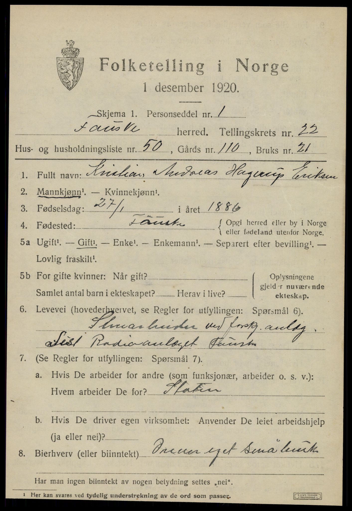 SAT, 1920 census for Fauske, 1920, p. 14156