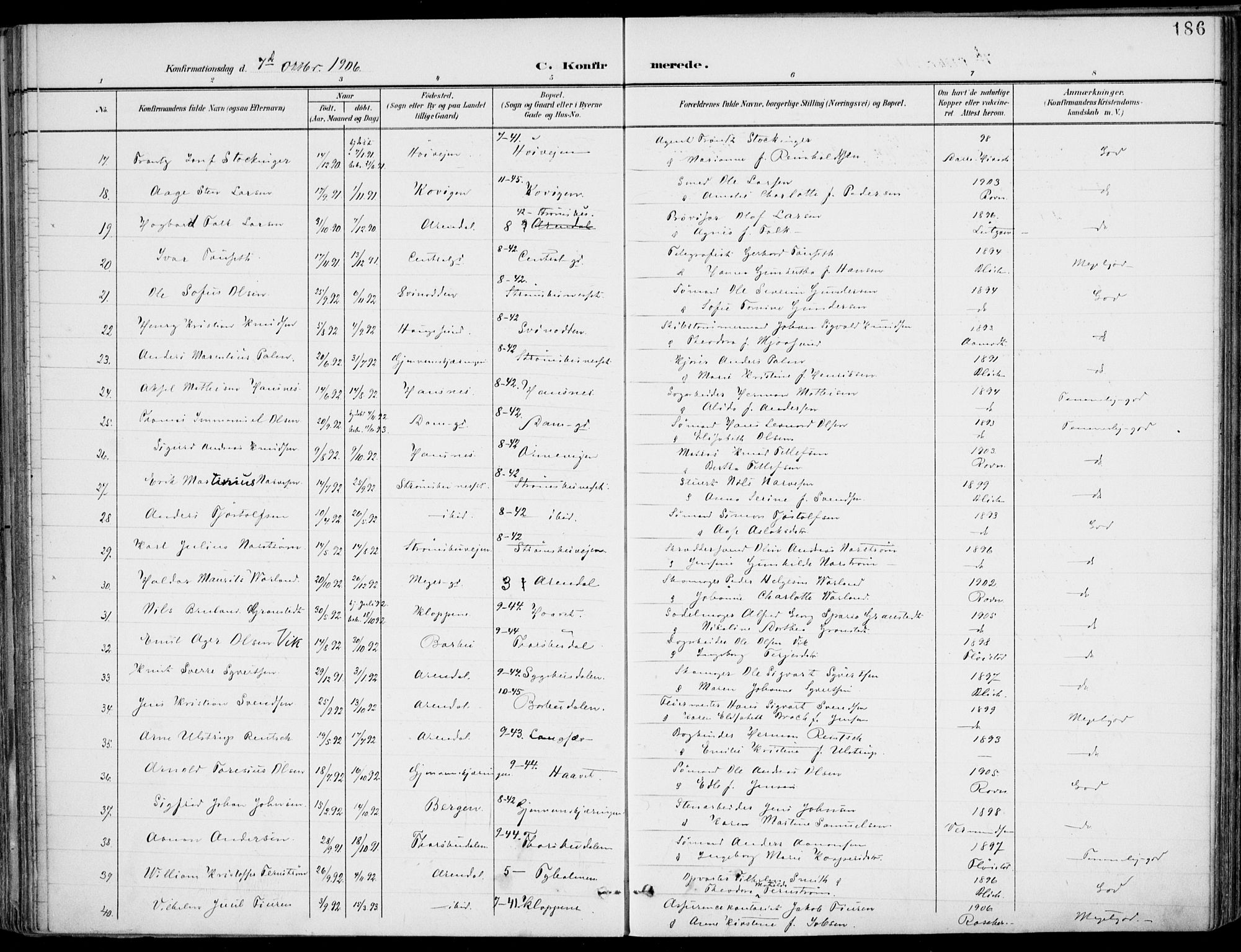 Barbu sokneprestkontor, AV/SAK-1111-0003/F/Fa/L0005: Parish register (official) no. A 5, 1899-1909, p. 186