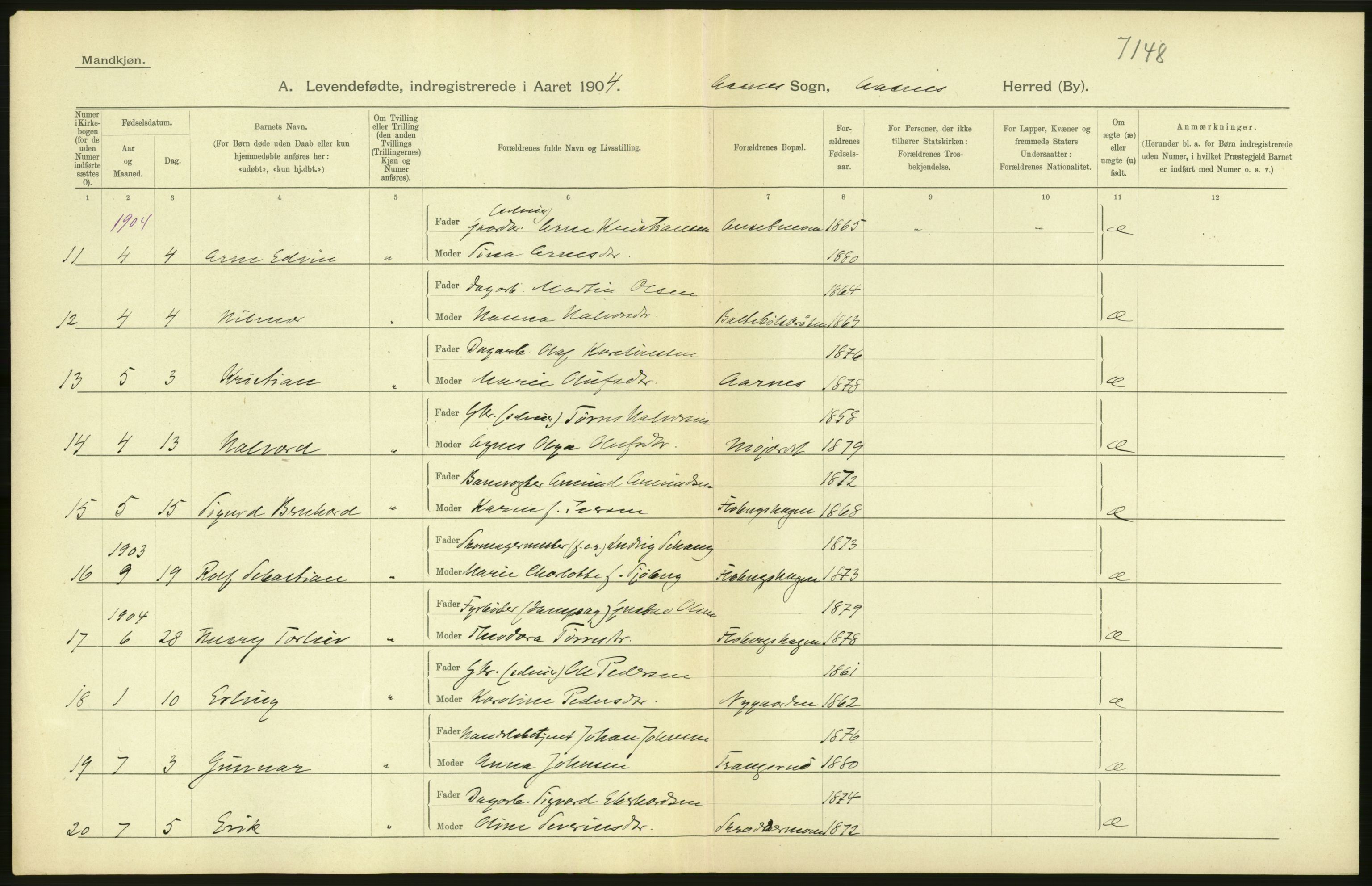 Statistisk sentralbyrå, Sosiodemografiske emner, Befolkning, AV/RA-S-2228/D/Df/Dfa/Dfab/L0005: Hedemarkens amt: Fødte, gifte, døde, 1904, p. 58