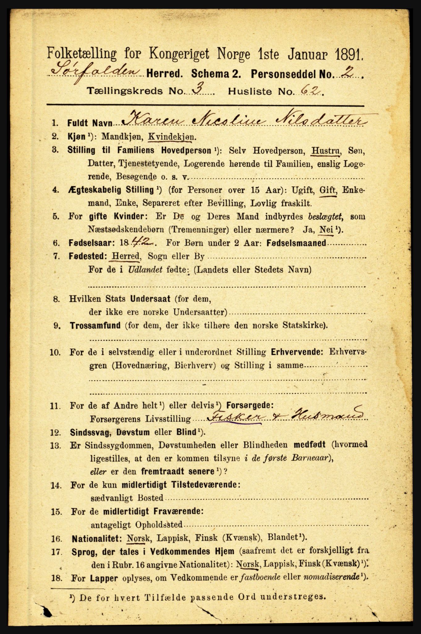 RA, 1891 census for 1845 Sørfold, 1891, p. 891