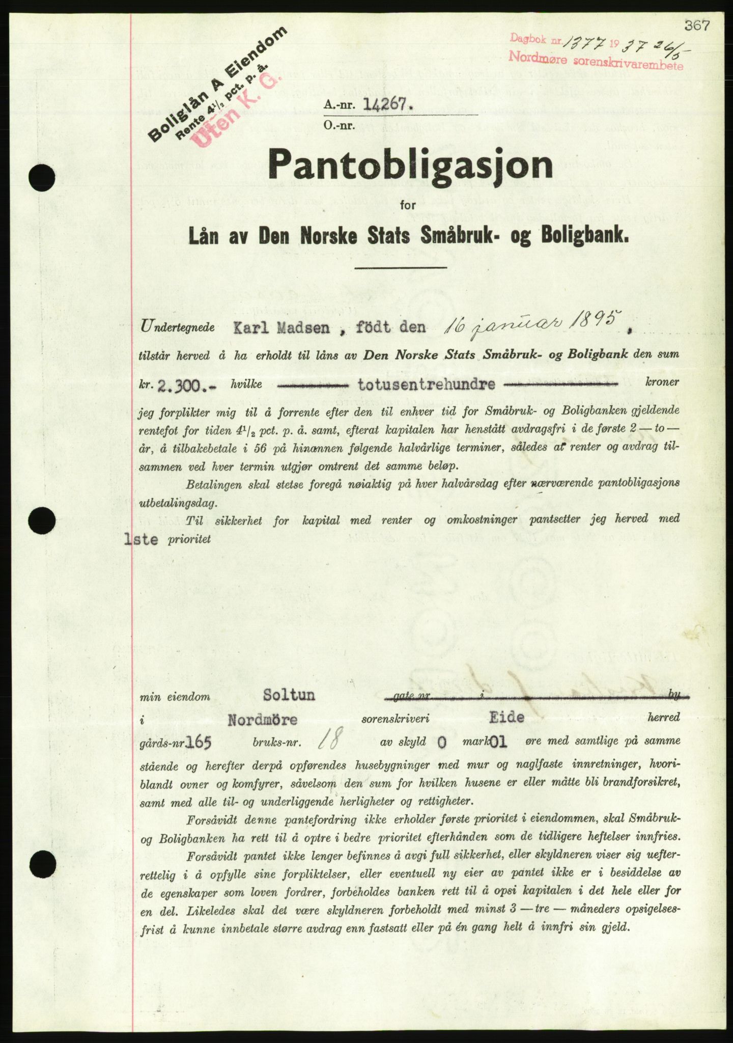 Nordmøre sorenskriveri, AV/SAT-A-4132/1/2/2Ca/L0091: Mortgage book no. B81, 1937-1937, Diary no: : 1377/1937